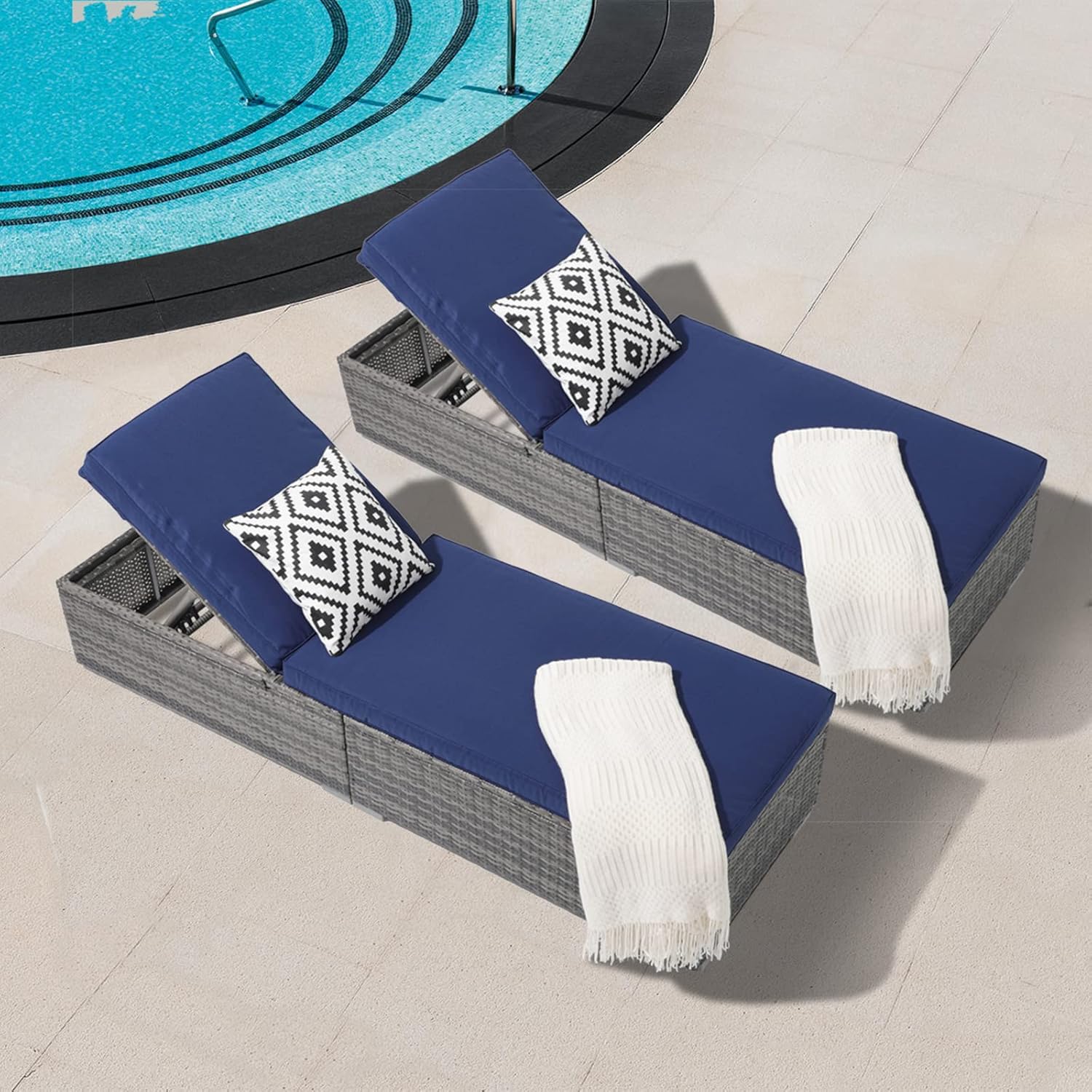 Patiorama Outdoor Patio Lounge Chair, Elegant Reclining Adjustable Pool Rattan Chaise Chair with Beige Cushion, Brown PE Wicker, Steel Frame, Set of 2