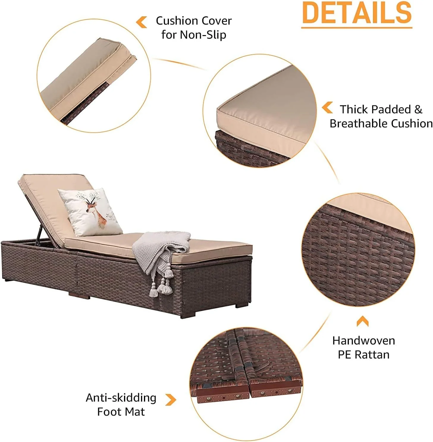 Patiorama Outdoor Patio Lounge Chair, Elegant Reclining Adjustable Pool Rattan Chaise Chair with Beige Cushion, Brown PE Wicker, Steel Frame, Set of 2