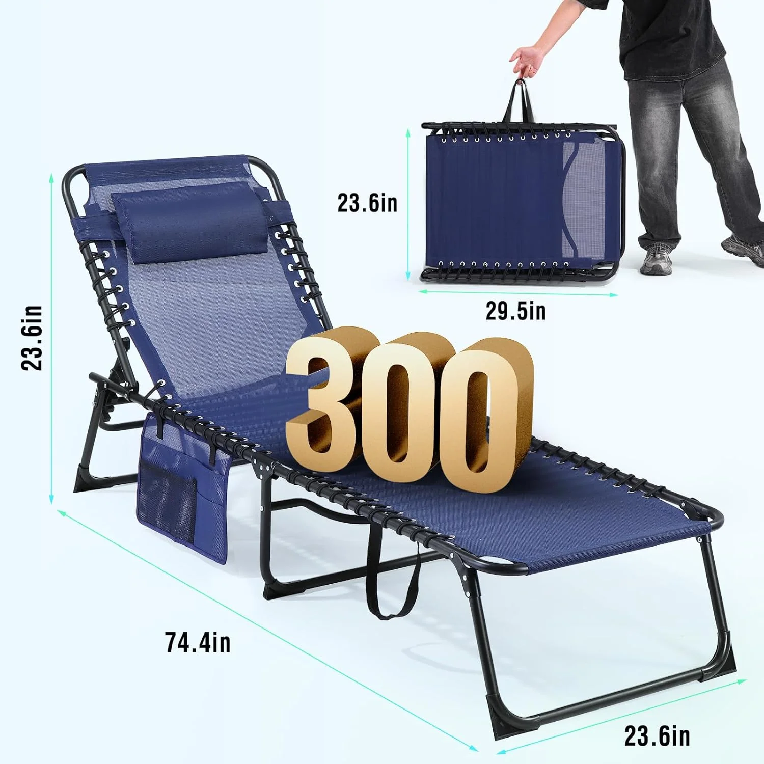 Unovivy Outdoor Chaise Lounge Chairs Set of 2, Portable Folding Pool Lounge Chair with 5-Position Reclining Back, Teslin Tanning Chair for Pool, Beach, Patio, Sunbathing