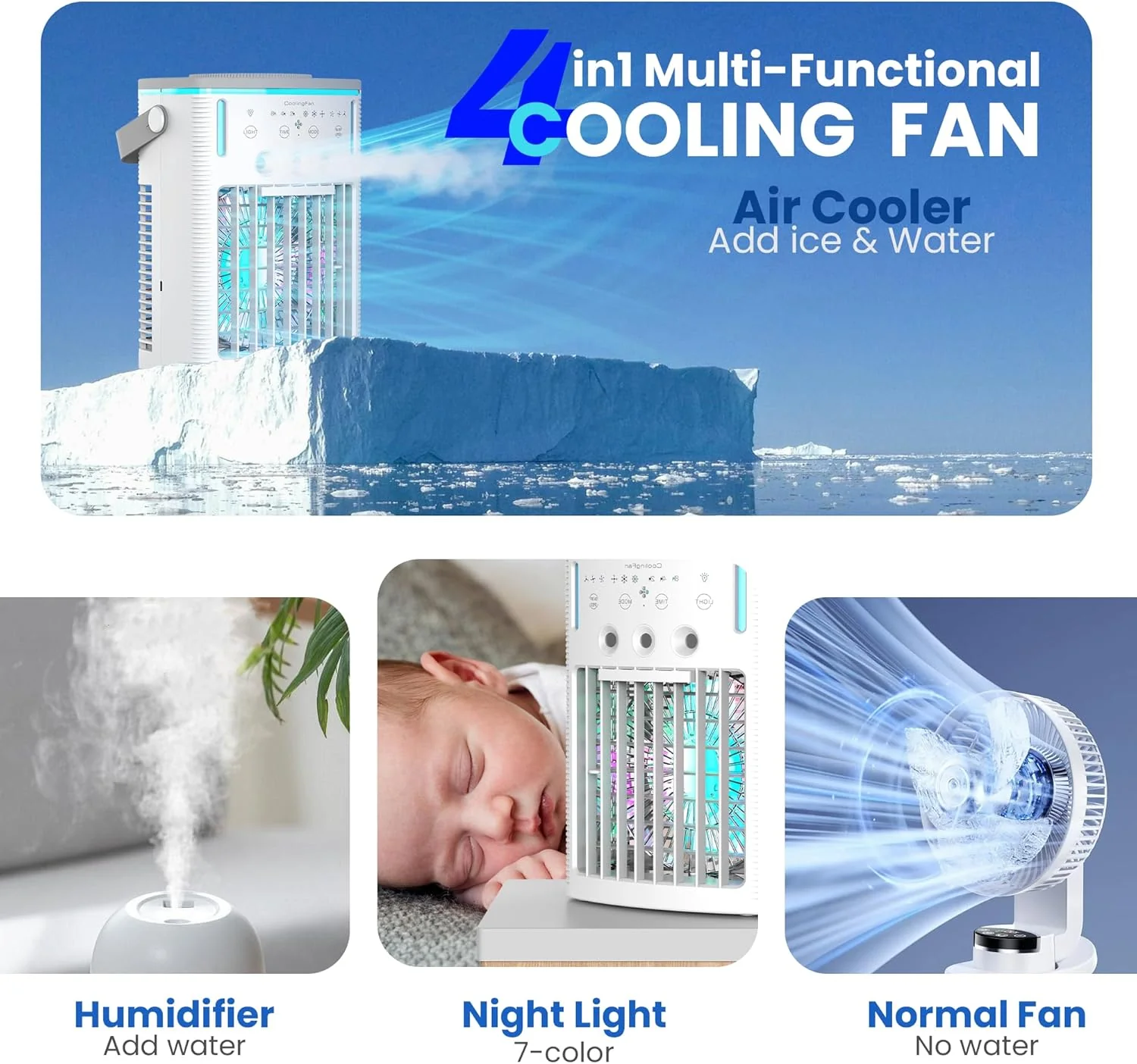 Portable Air Conditioners Fan,Small Cooler Evaporative Air Conditioner with Remoter,Mini Portable AC for Room Camping Car Office,3-in-1 Desktop Personal Mini Cooler with Colorful Night Light - Gray