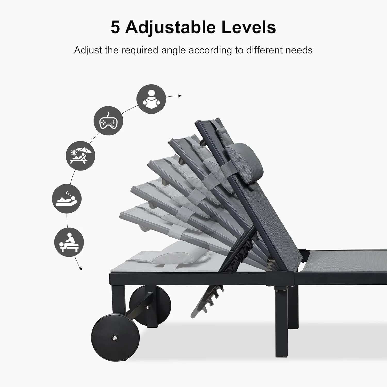 PURPLE LEAF Patio Tanning Lounge Chair Set with Face Down Hole Outdoor Aluminum Adjustable Reclining Chairs Wheels Pillows and Table for Poolside Beach Sunbathing Lounger, Beige