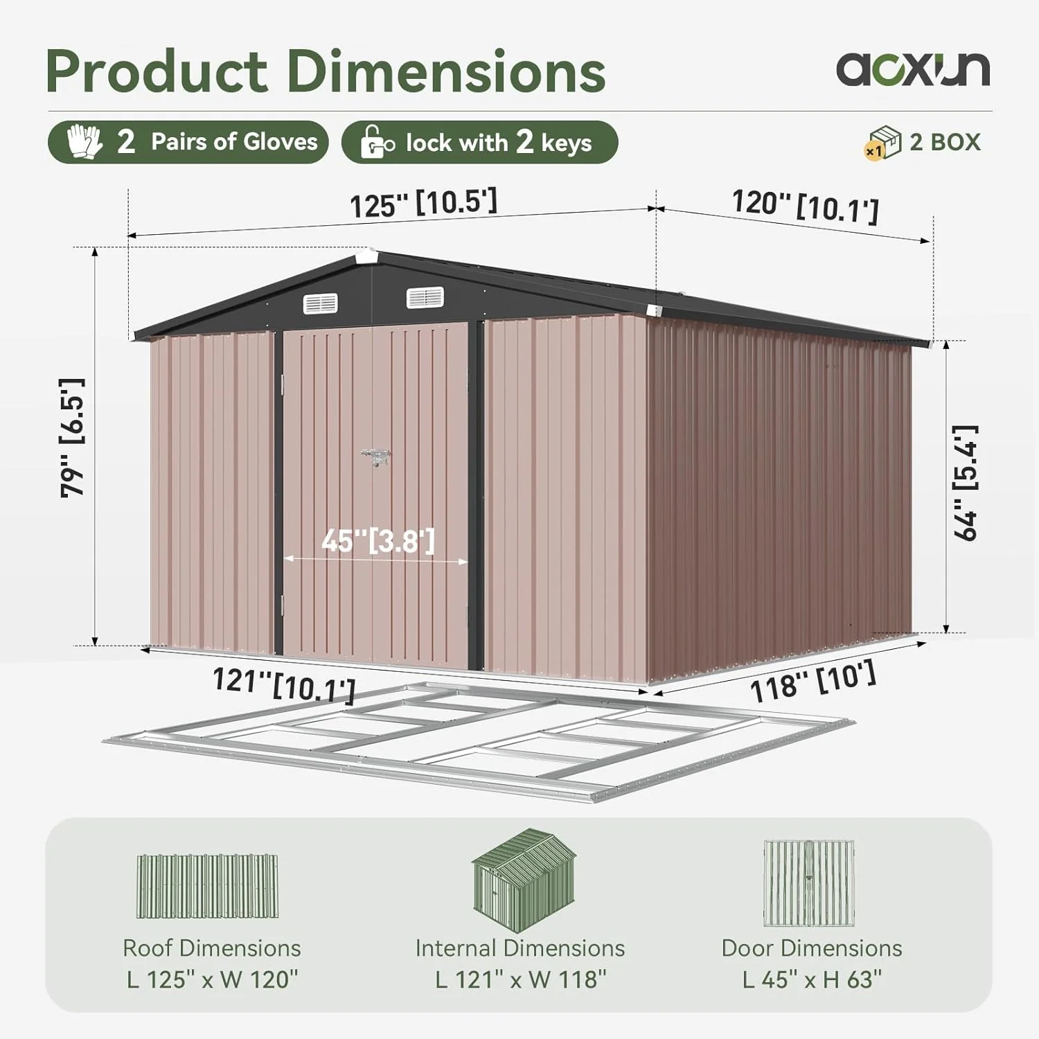 Aoxun 12x10 FT Shed Metal Outdoor Waterproof Storage Shed Steel Utility Garden Tool Shed with Door & Lock Outdoor Storage for Garden Patio Lawn Poolside, Brown