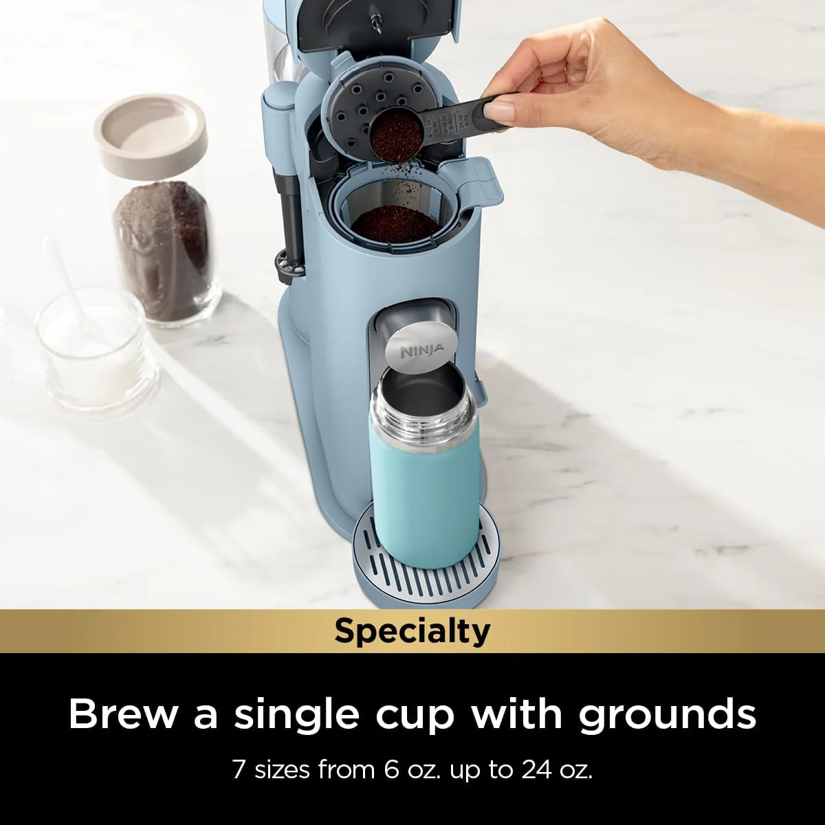 Ninja Pods & Grounds Single-Serve Coffee Maker, K-Cup Pod Compatible, Brews Grounds, Compact Design, 56-oz. Reservoir, 6-oz. Cup to 24-oz. Travel Mug Brew Sizes, Iced Coffee Maker, Stone, PB041ST
