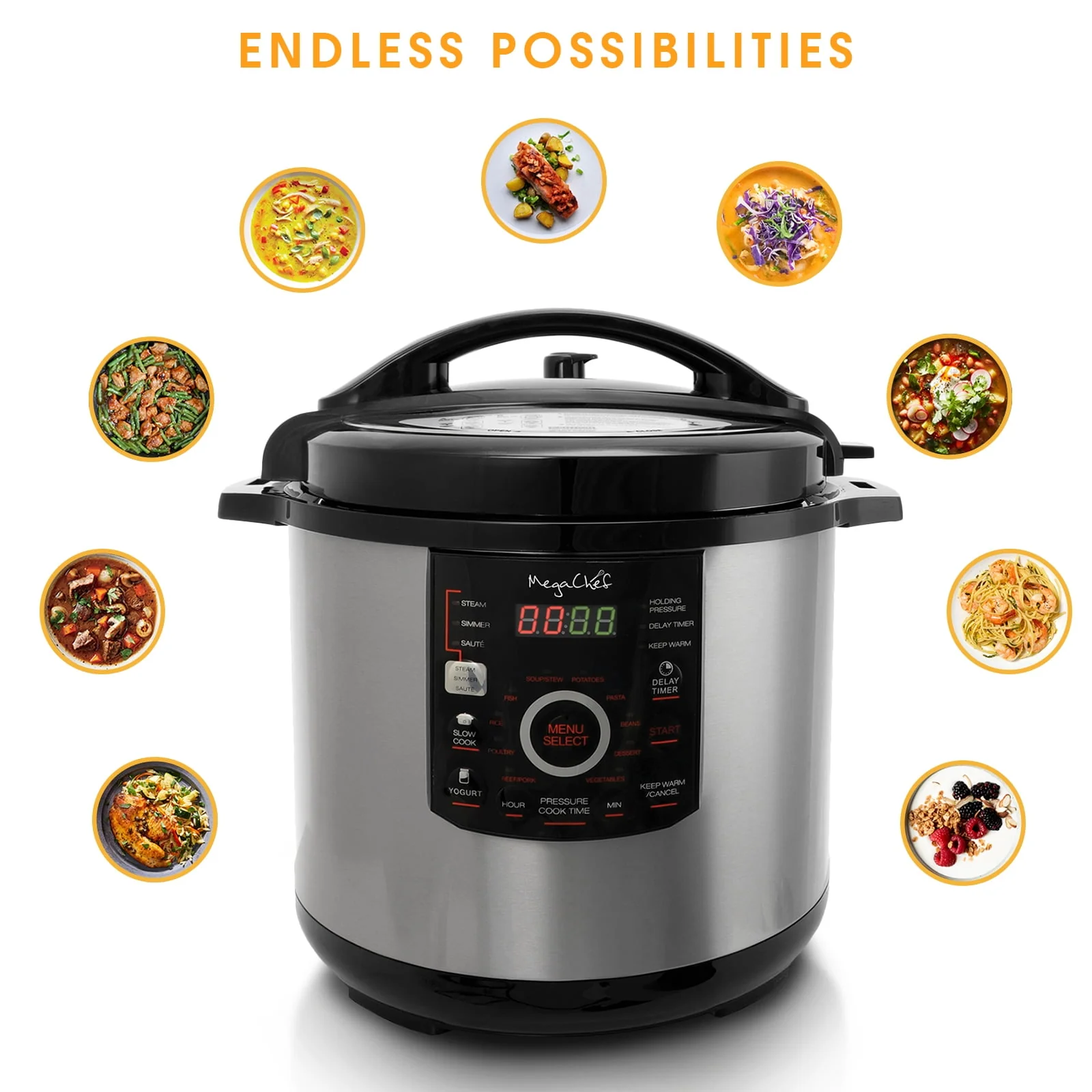 Megachef 12Qt Steel Pressure Cooker with 15 Presets, Non-stick Pot & Glass Lid