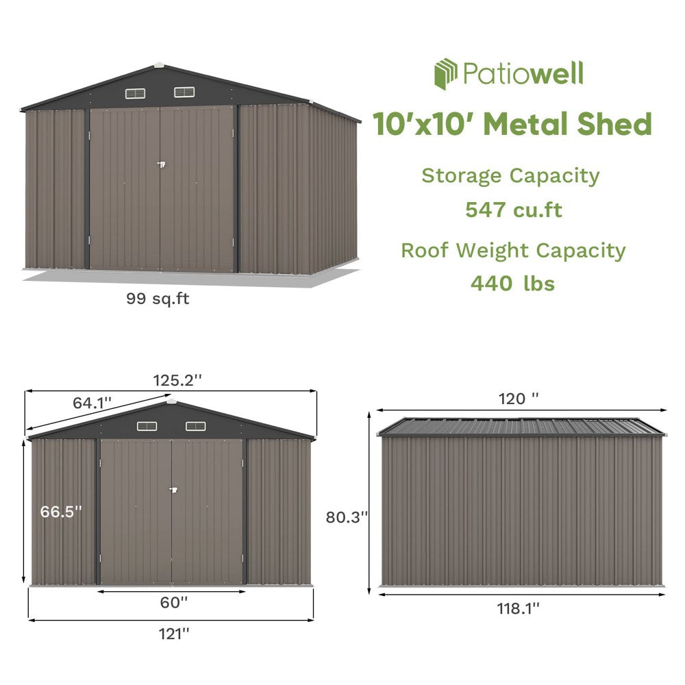 Patiowell 10×10 ft Metal Storage Shed, Sloping Roof, Double Lockable Doors, Galvanized Steel, Coffee Brown