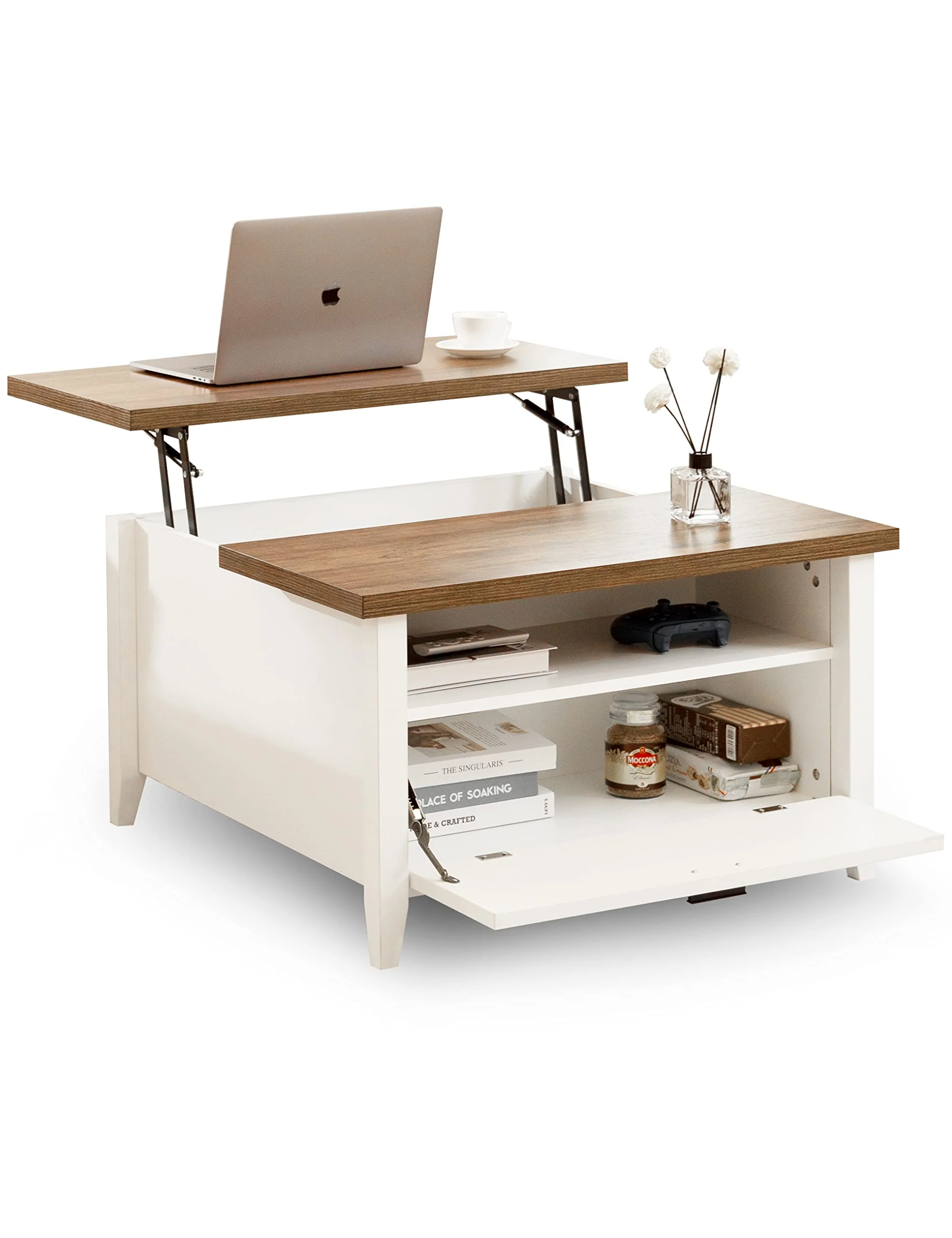 Lift Top Coffee Table, Ergonomic Rising Table with Hidden Compartment, Dining Table with Storage Shelf