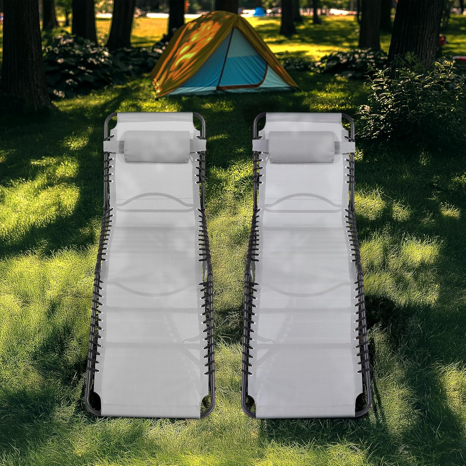 Unovivy Outdoor Chaise Lounge Chairs Set of 2, Portable Folding Pool Lounge Chair with 5-Position Reclining Back, Teslin Tanning Chair for Pool, Beach, Patio, Sunbathing