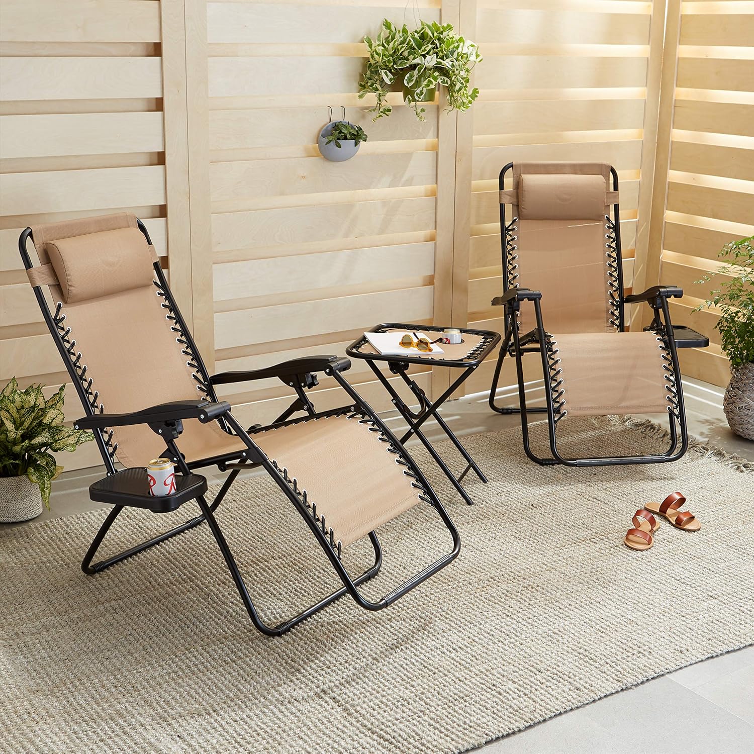 Amazon Basics Outdoor Patio Mesh Adjustable Zero Gravity Lounge Chair Recliners set of 2 with Side Table, 35 x 26 x 43 inches, Beige