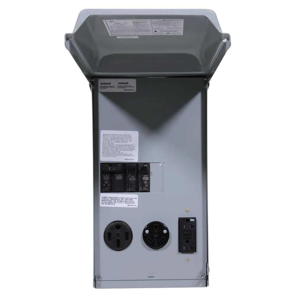Weatherproof RV Power Panel – 50 Amp & 30 Amp Receptacles, 20 Amp GFCI, NEMA 3R Enclosure