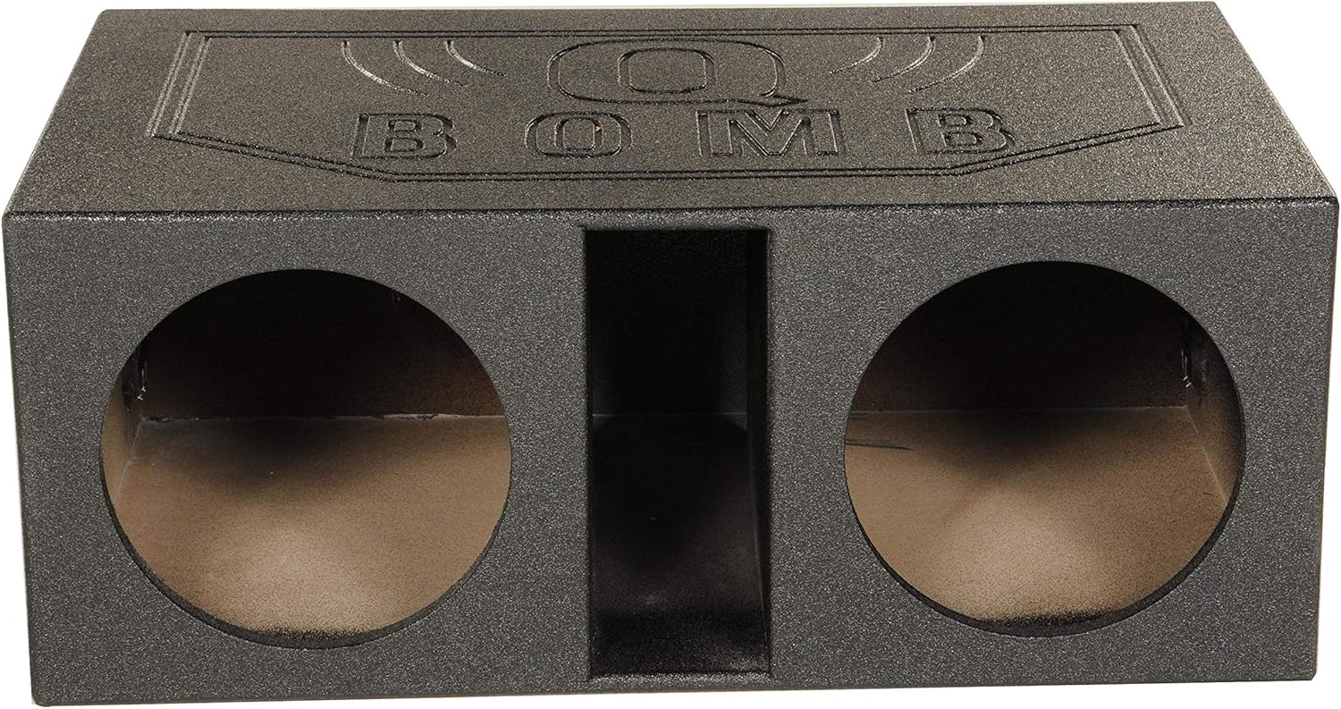 QPower QBOMB12VL Dual 12′′ Vented Subwoofer Box – Durable MDF, Black Rhino Liner Finish