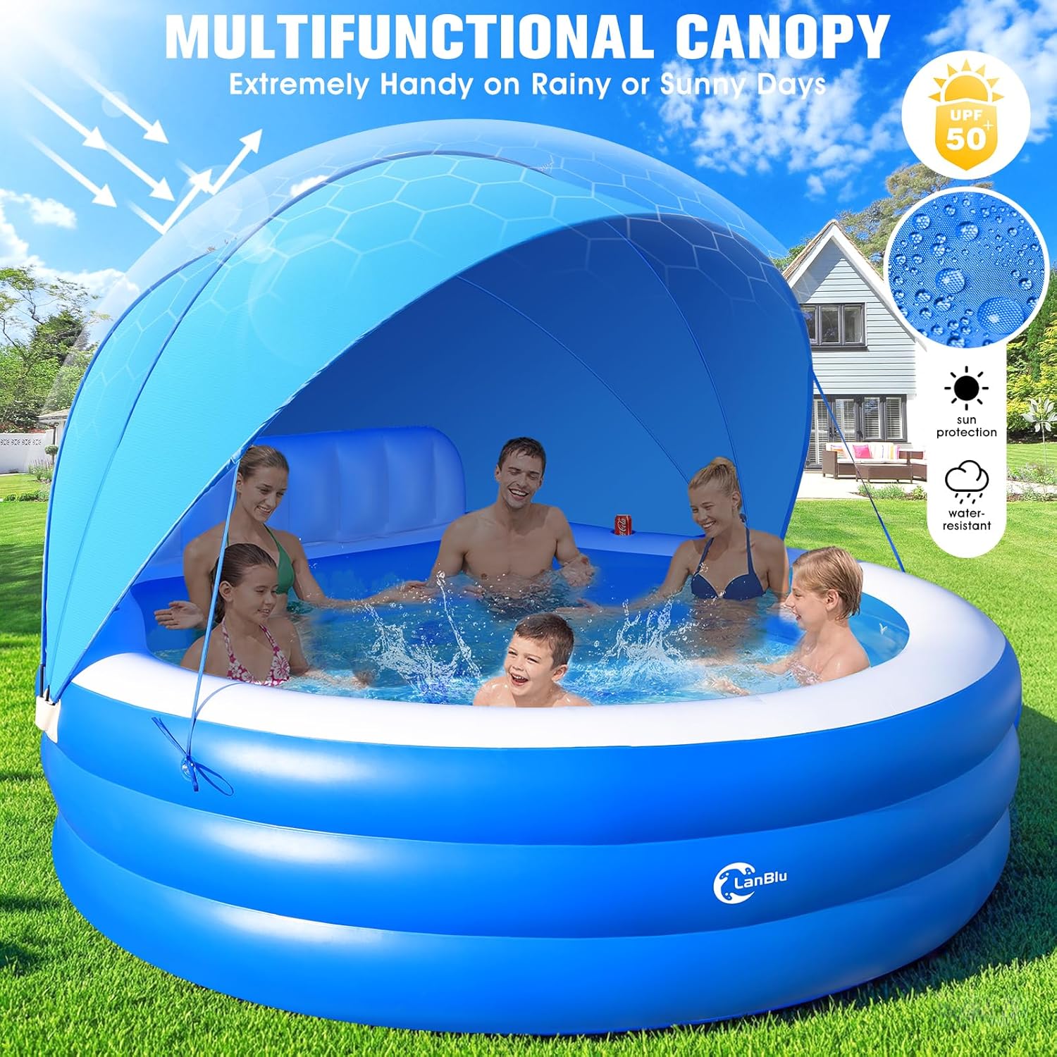 2025 Upgraded Inflatable Pool with Canopy, Inflatable Family Lounge Pool, Round Blow Up Pool for Adult with Bench & Backrest, Swim Center Easy Backyard Pools for Kids & Adults, 92