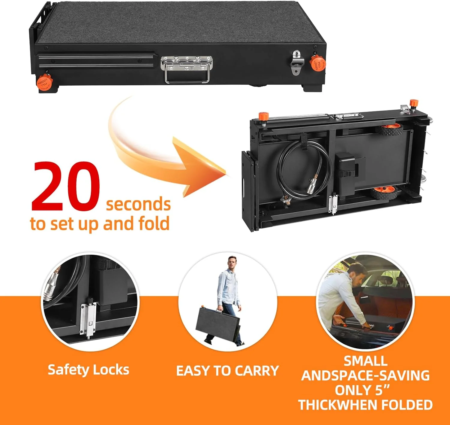 Portable Adjustable Grill Table with Stainless Steel Top – 3 Shelves, Magnetic Tool Holder, Bottle Opener