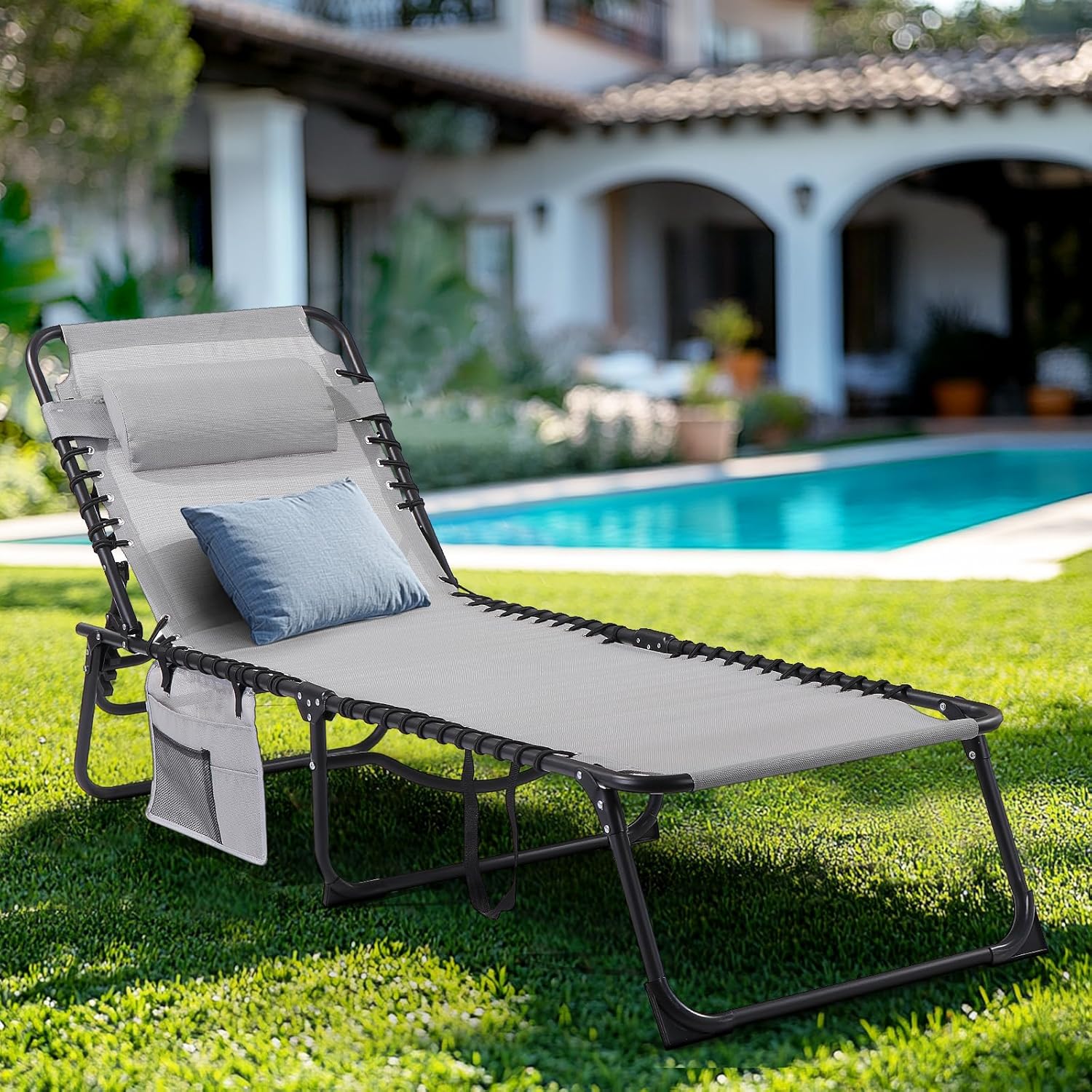 Unovivy Outdoor Chaise Lounge Chairs Set of 2, Portable Folding Pool Lounge Chair with 5-Position Reclining Back, Teslin Tanning Chair for Pool, Beach, Patio, Sunbathing