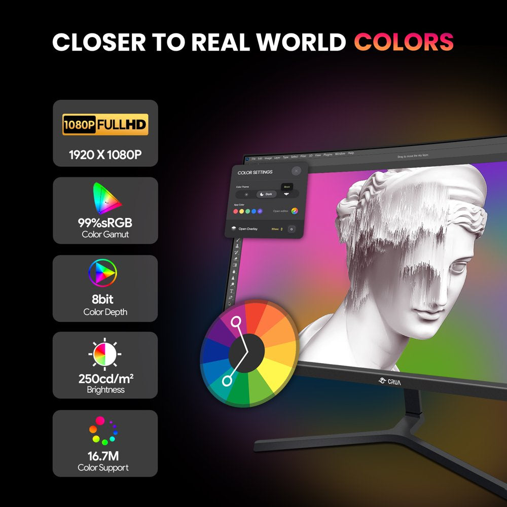 CRUA 24′′ Curved Gaming Monitor, 180Hz FHD 1080P, AMD FreeSync, Low Blue Light, HDMI/DP Ports, Black