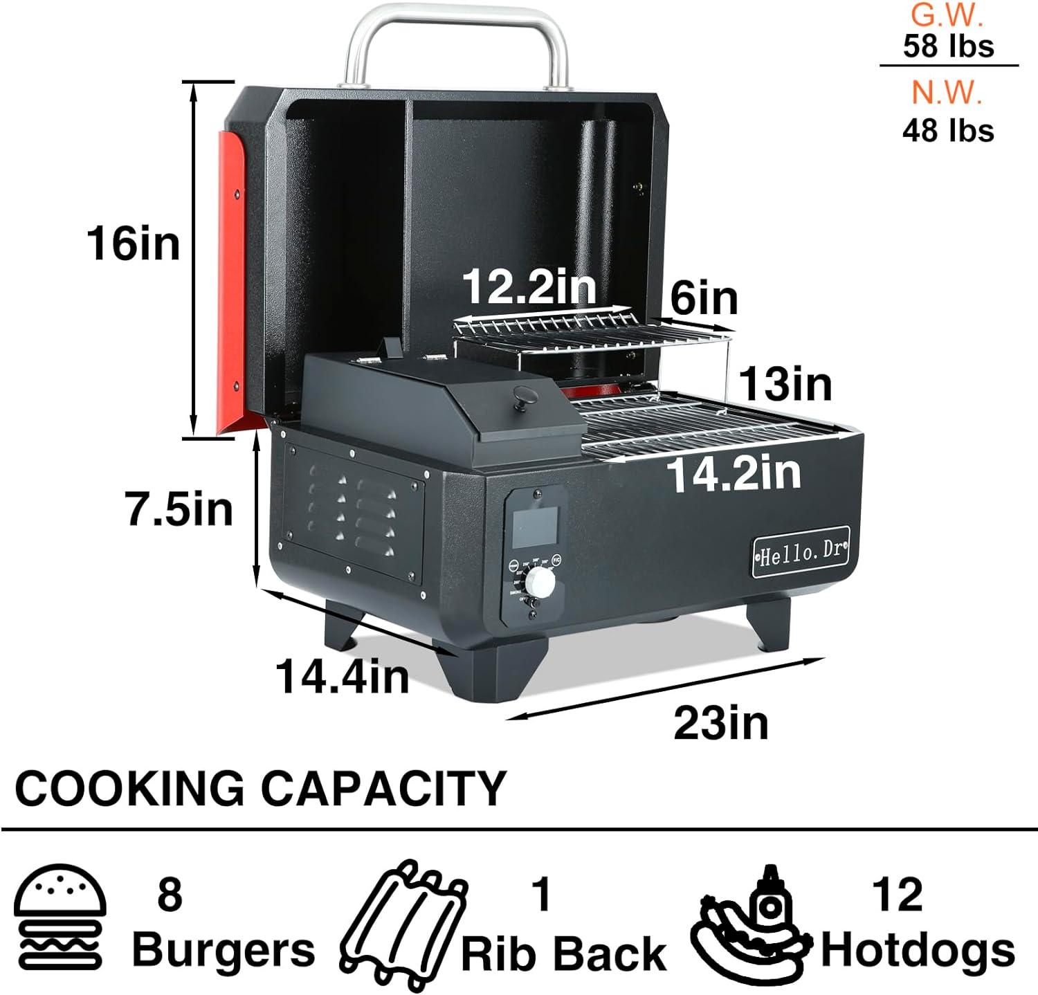 Hello.Dr Portable Wood Pellet Grill & Smoker, 8-in-1 Electric BBQ with Intelligent Temp Control, Ideal for RV Camping & Tailgating, Black