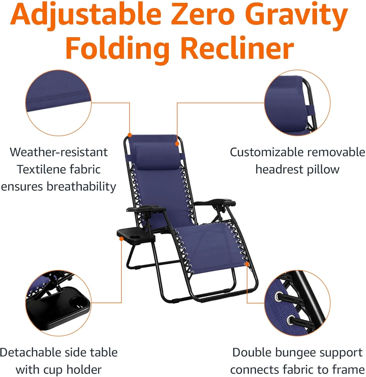 Amazon Basics Outdoor Patio Mesh Adjustable Zero Gravity Lounge Chair Recliners set of 2 with Side Table, 35 x 26 x 43 inches, Beige