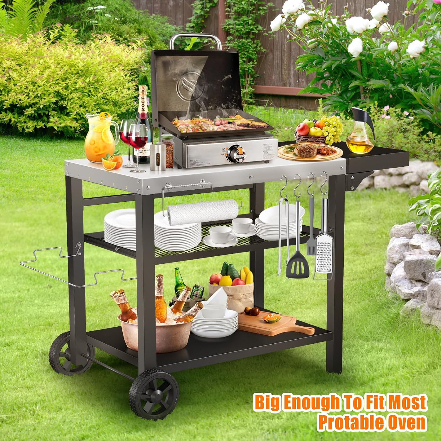 Stainless Steel Outdoor Grill Cart with Three Shelves, Drawer & Foldable Side Table