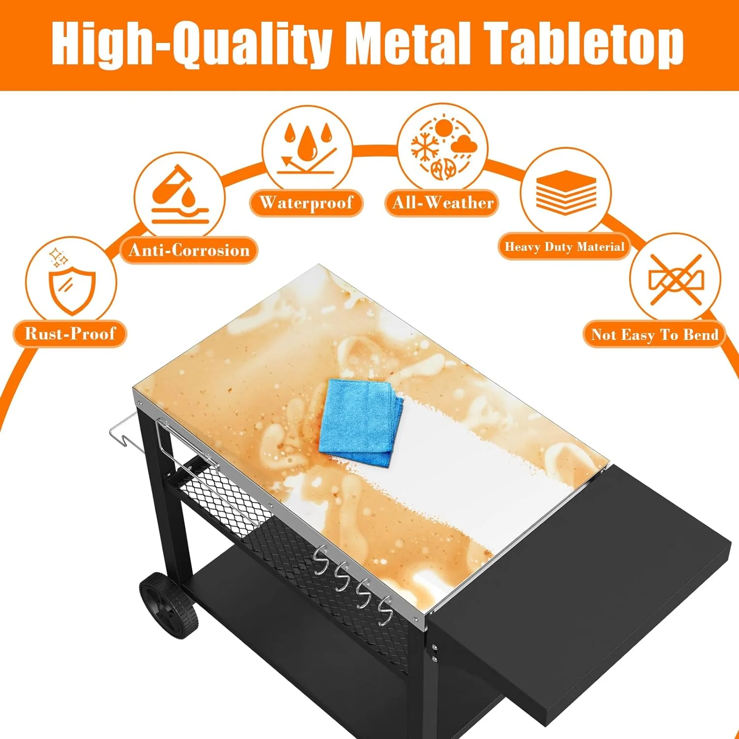 Stainless Steel Outdoor Grill Cart with Three Shelves, Drawer & Foldable Side Table