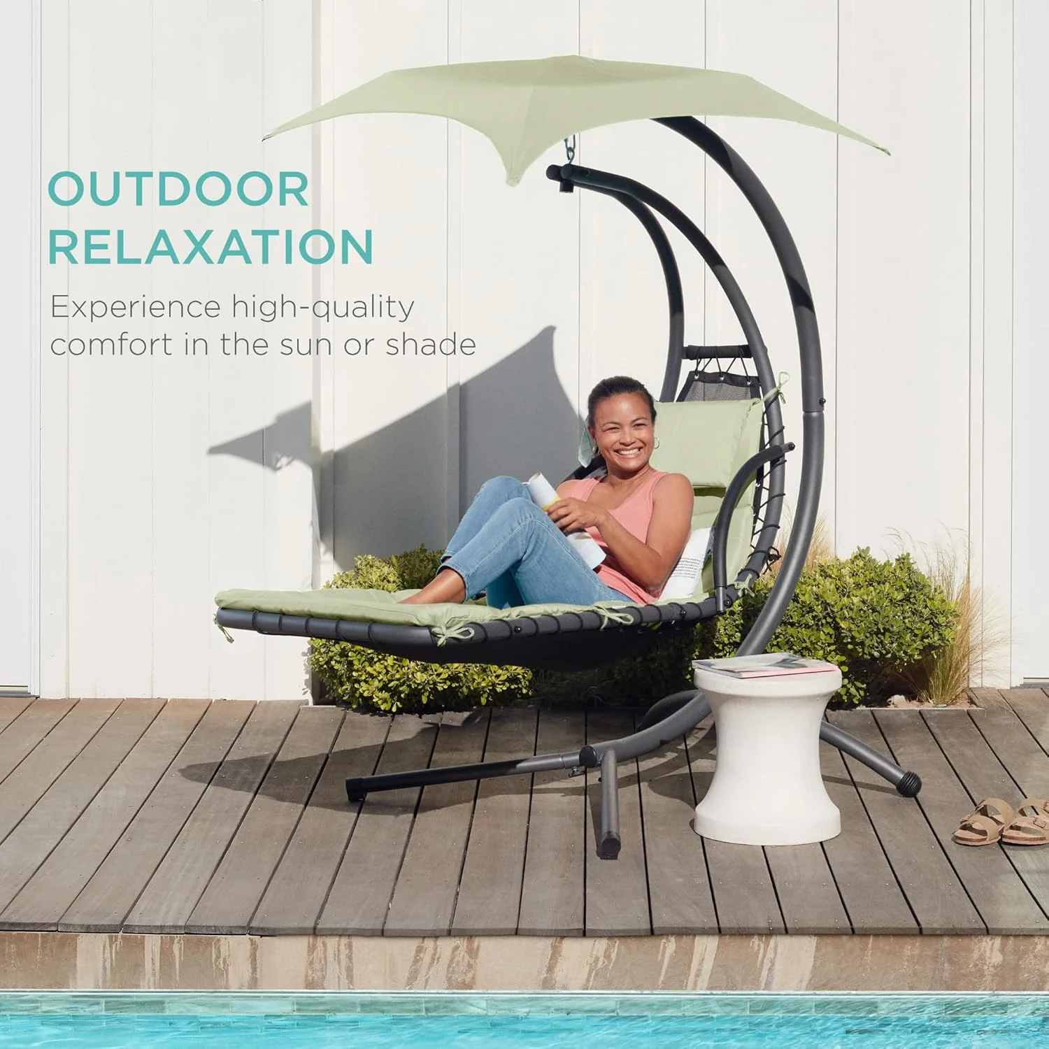 Best Choice Products Outdoor Hanging Curved Steel Chaise Lounge Chair Swing w/Built-in Pillow and Removable Canopy - Charcoal Gray