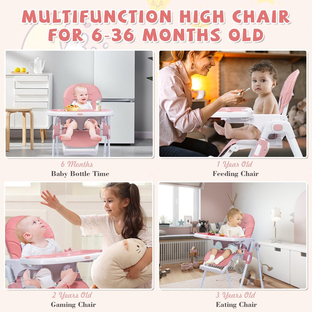 SEJOY Foldable Adjustable 3-in-1 Baby Highchair, Pink, with 6 Height Levels & BPA-Free Tray