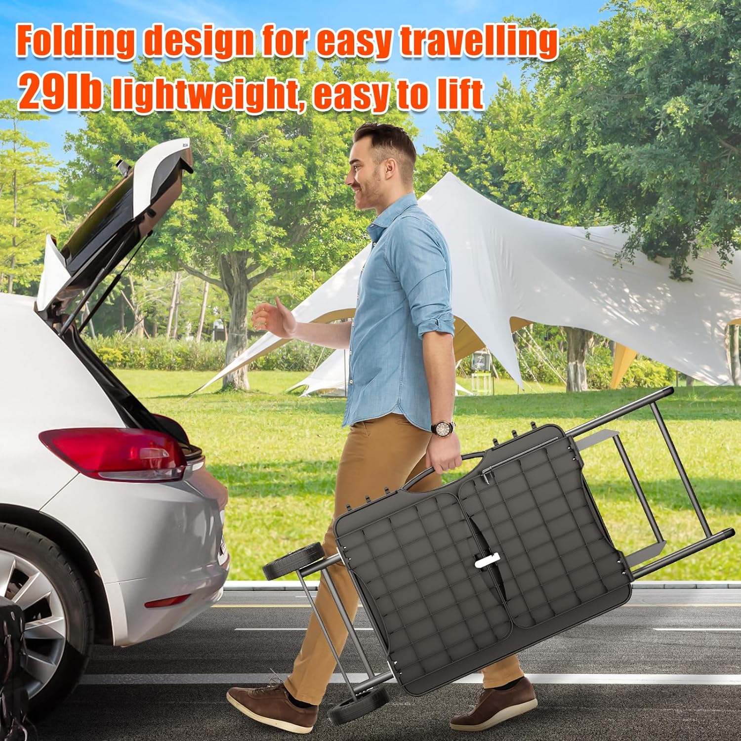 Universal Portable Grill Cart with Folding Stand & Side Shelf – Heavy-Duty Metal, 2 Wheels, 51′′x21′′ Tabletop, Outdoor Cooking Companion