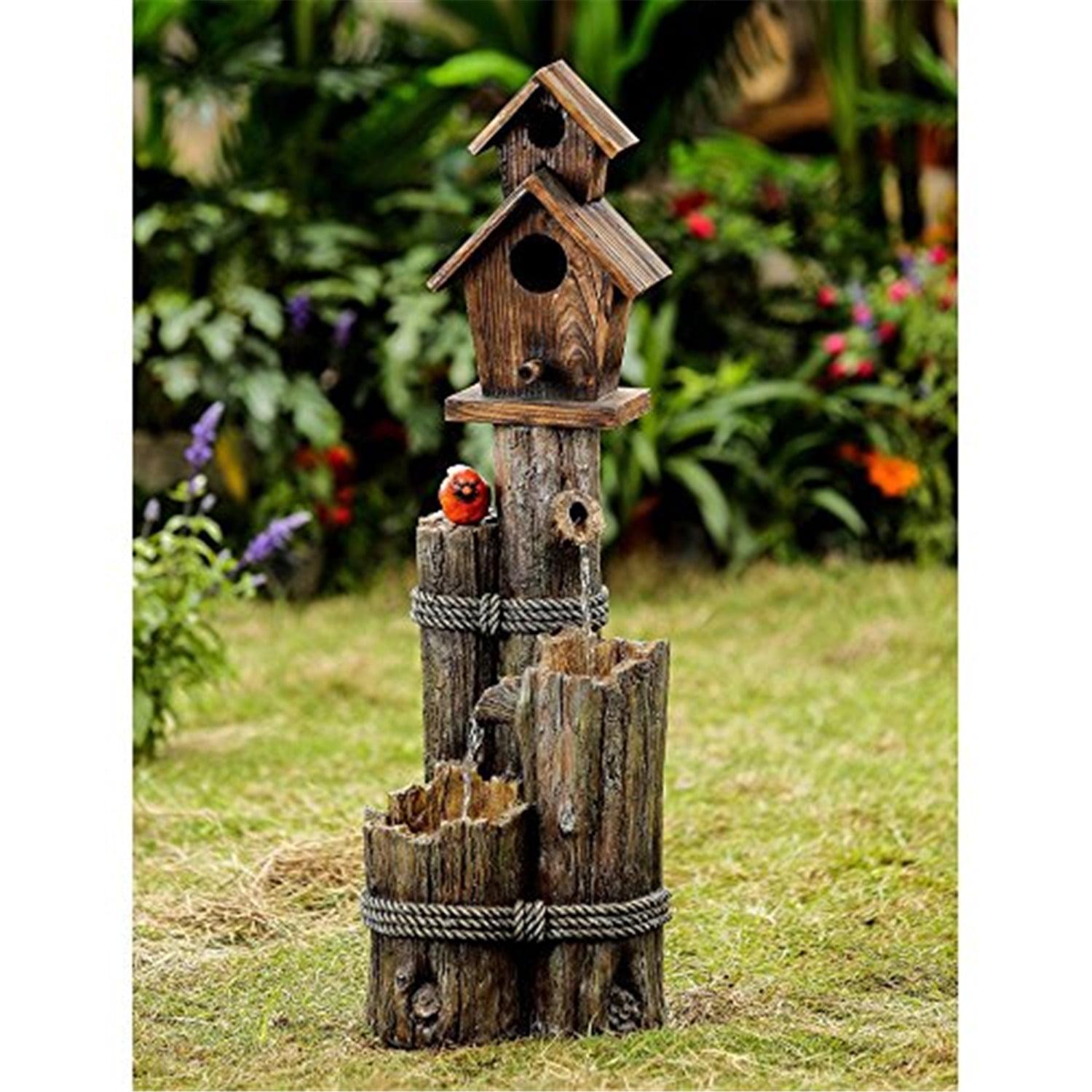 Jeco Tiered Wood Finish Water Fountain with Birdhouse, Resin/Fiberglass, Indoor/Outdoor, Multicolor