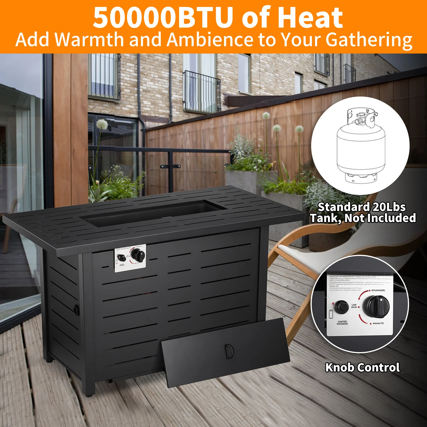 R.W.FLAME 43′′ Outdoor Propane Gas Fire Pit Table with Glass Cover, Multi-Function BBQ Grill & Bonfire Pit, 50,000 BTU, ETL/CSA Certified