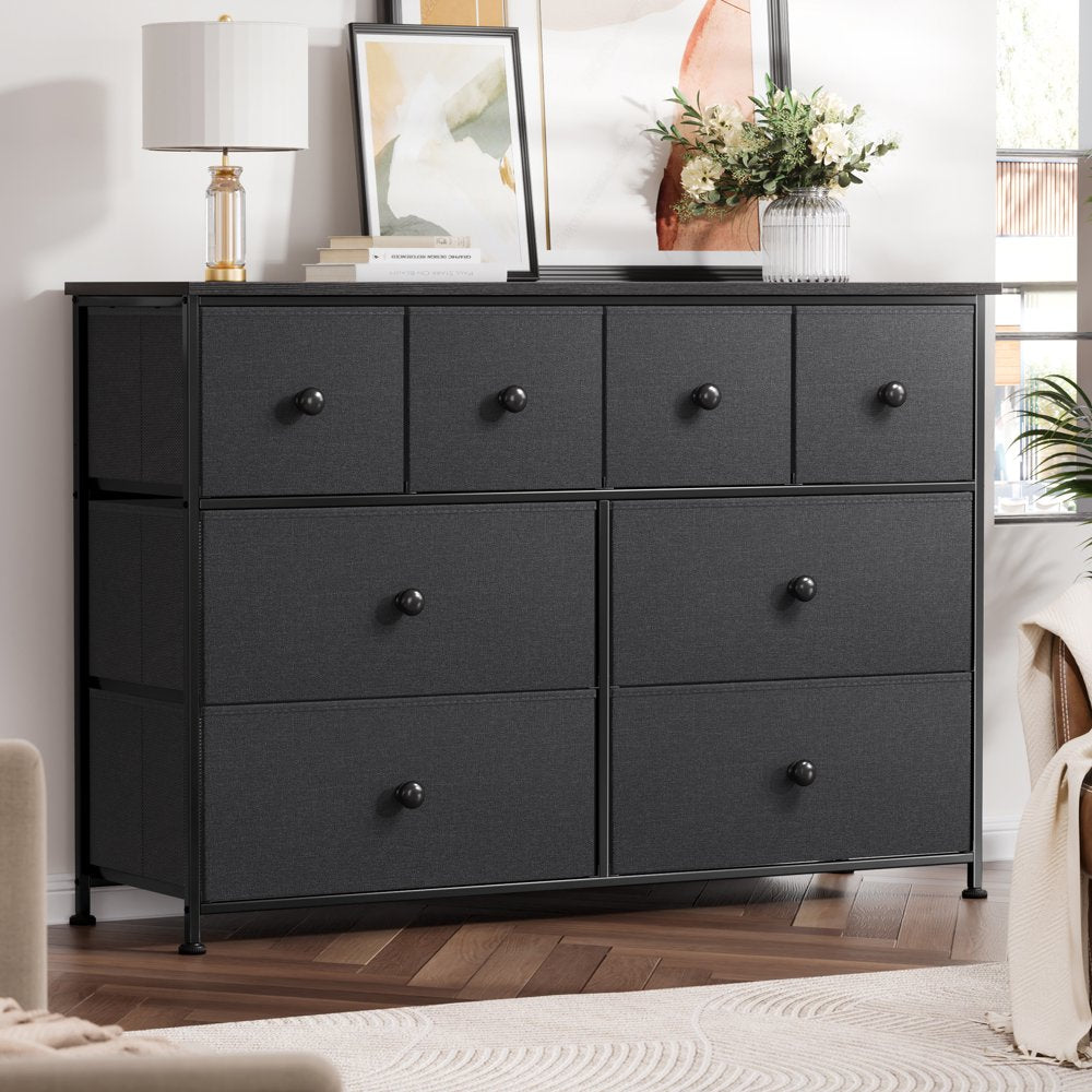 REAHOME 8 Drawer Dresser, Sturdy Steel Frame, Waterproof Top, Fabric Drawers, Bedroom Storage Chest, Dark Gray