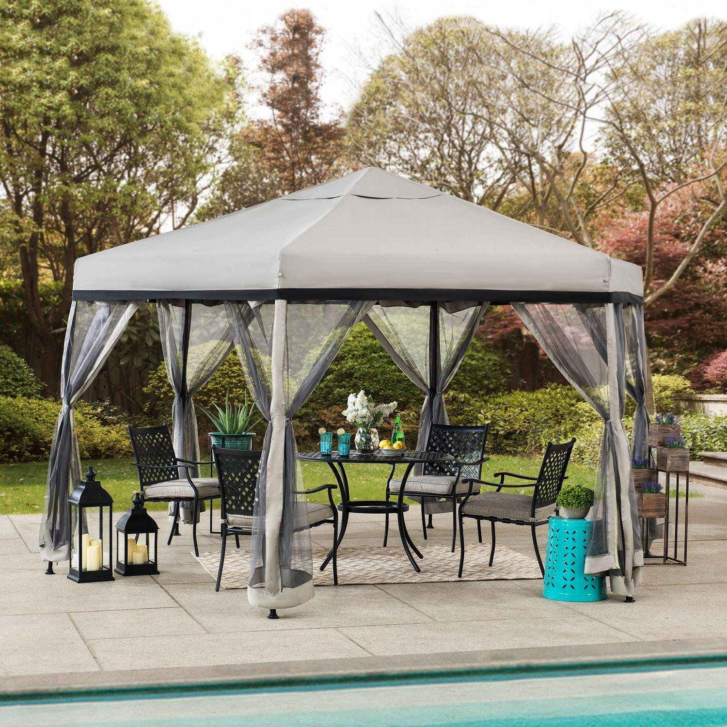 Sunjoy Millbrook 11×11 ft Portable Hexagon Steel Gazebo, Gray/Black, Pop-Up Canopy with Mesh Sidewalls