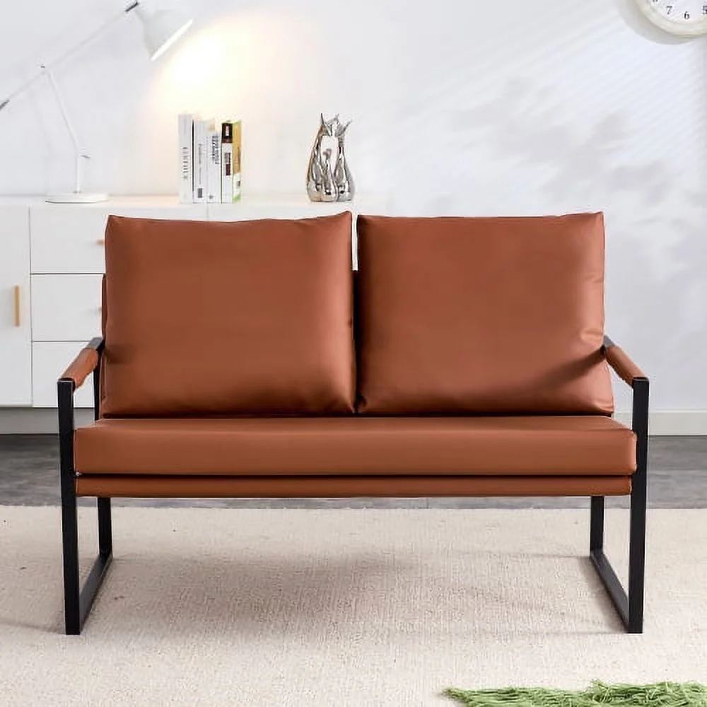 GVJMTKP Modern Brown PU Leather Two-Seater Sofa Chair with Pillows & Metal Frame
