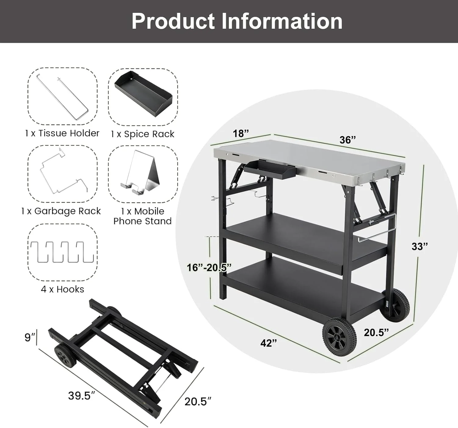 Outdoor Grill Cart Table with Stainless Steel Top, Adjustable Shelves, Spice Rack & Hanging Hooks