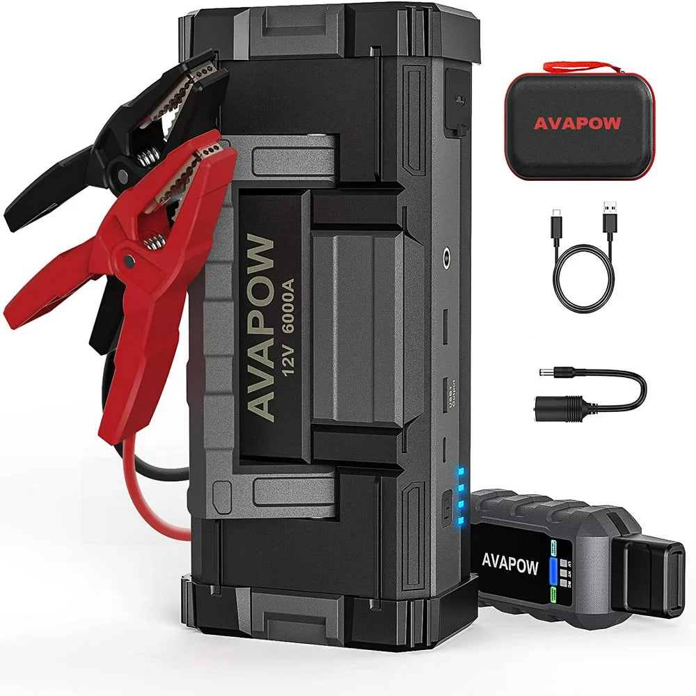 AVAPOW 6000A Car Jump Starter, Dual USB Quick Charge, LED Light, for Gas/Diesel Engines, 12V Vehicles