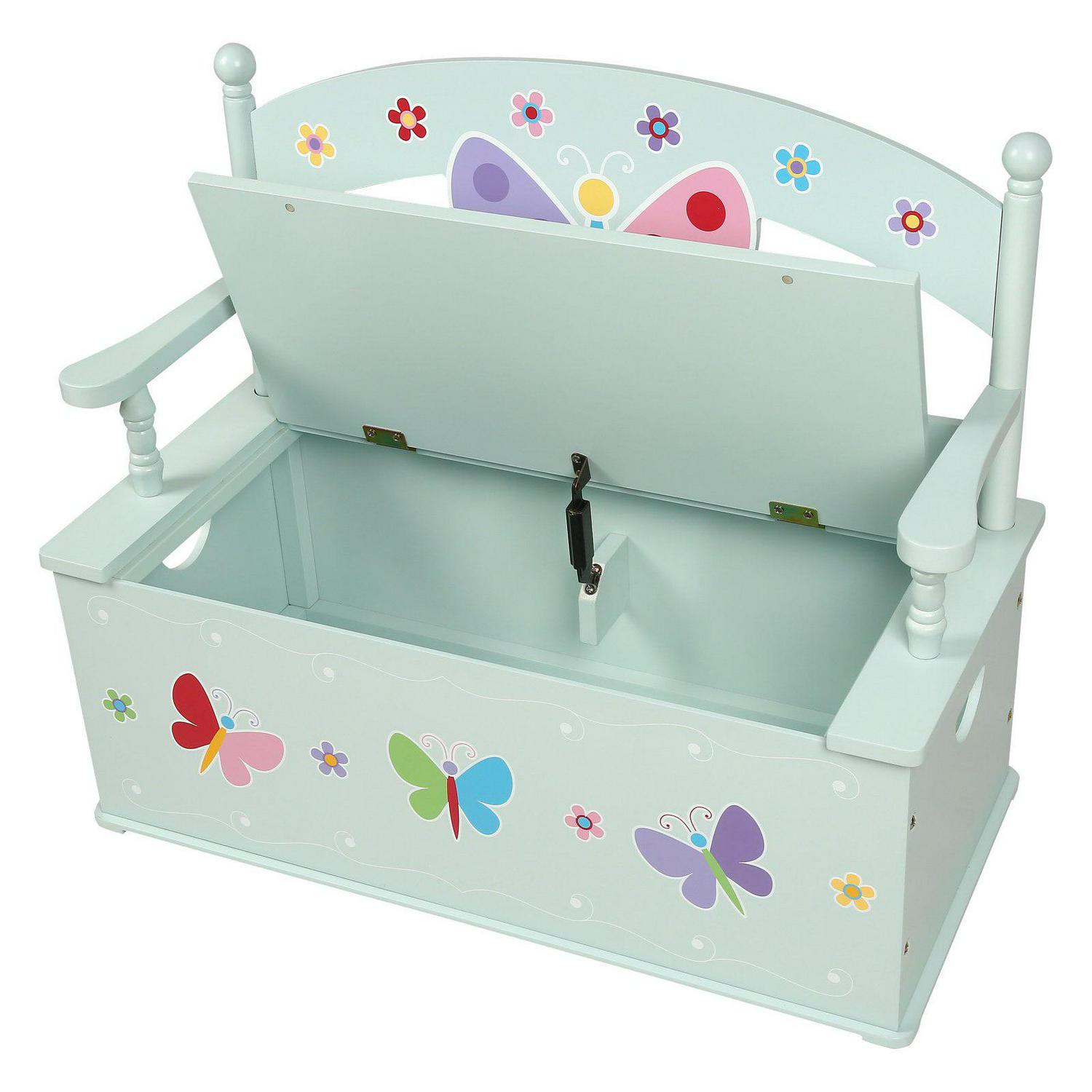 Wildkin Butterfly Garden Bench with Storage, Blue – Whimsical Design, Safety Hinge, Indoor Use
