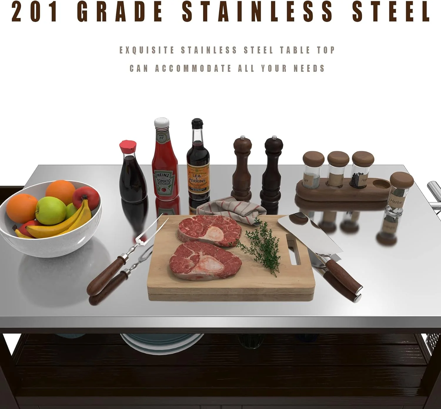 Premium Outdoor Storage Cabinet & Grill Table – Solid Wood, Stainless Steel Top, Dark Brown, Mobile with Wheels