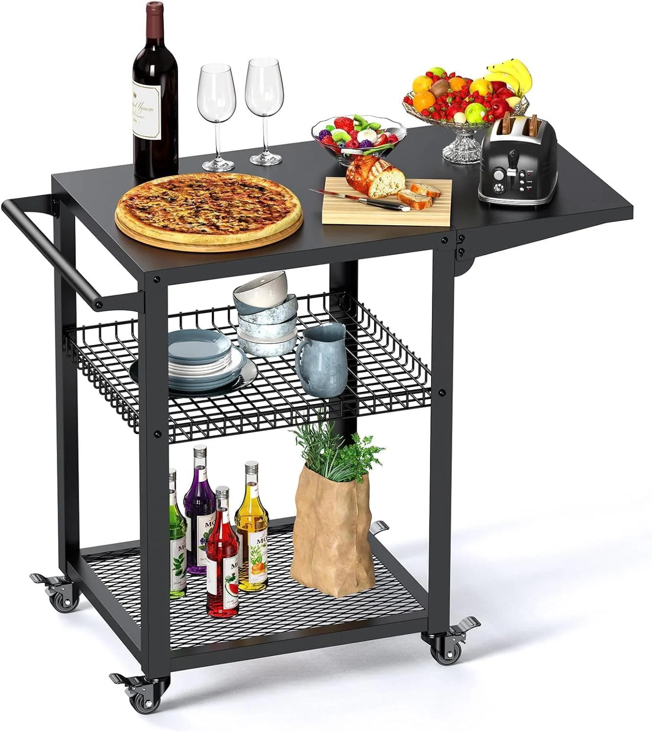 Upgraded Stainless Steel Outdoor BBQ Cart with Double-Shelf and Wheels – Movable Dining Table with Foldable Side and Hooks