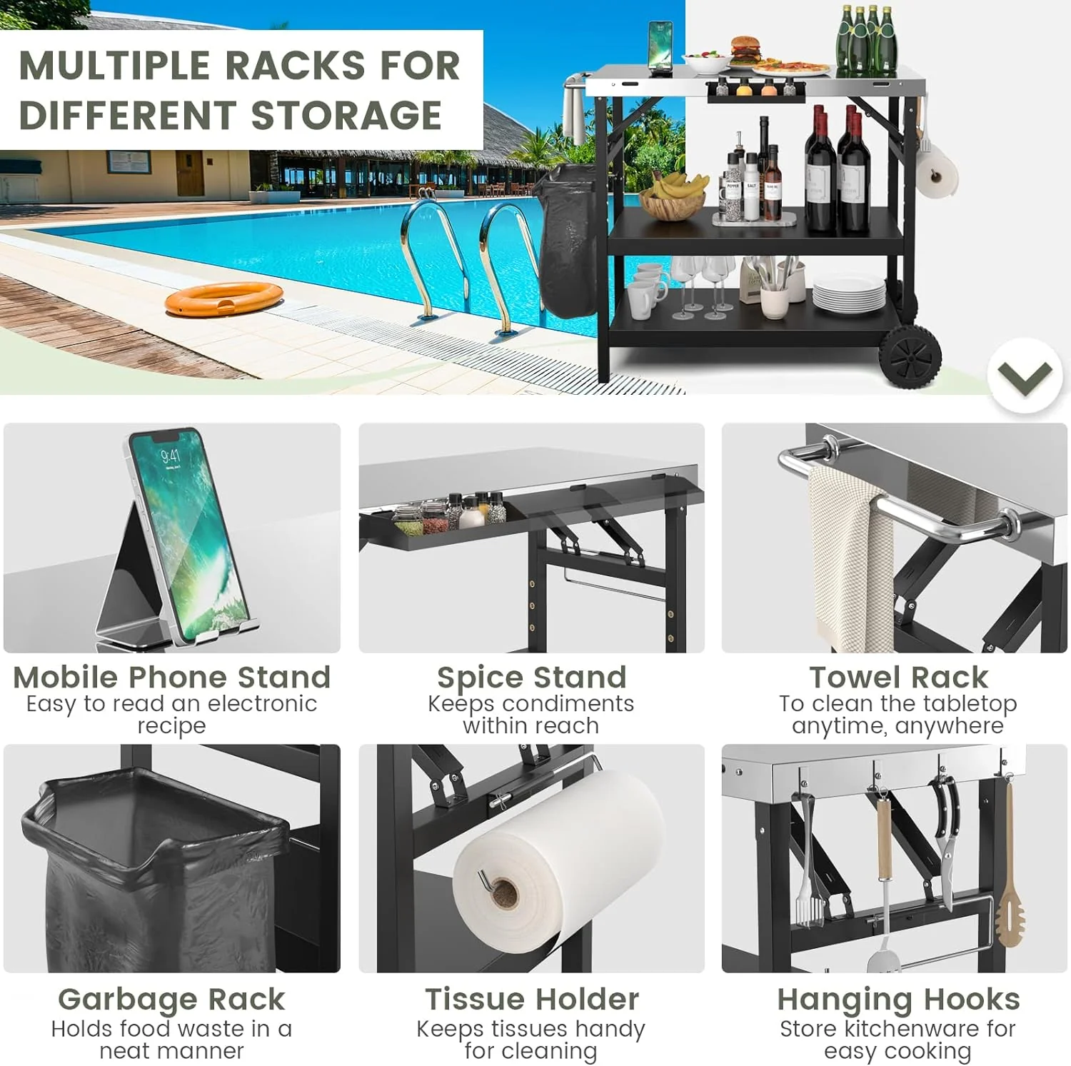 Outdoor Grill Cart Table with Stainless Steel Top, Adjustable Shelves, Spice Rack & Hanging Hooks