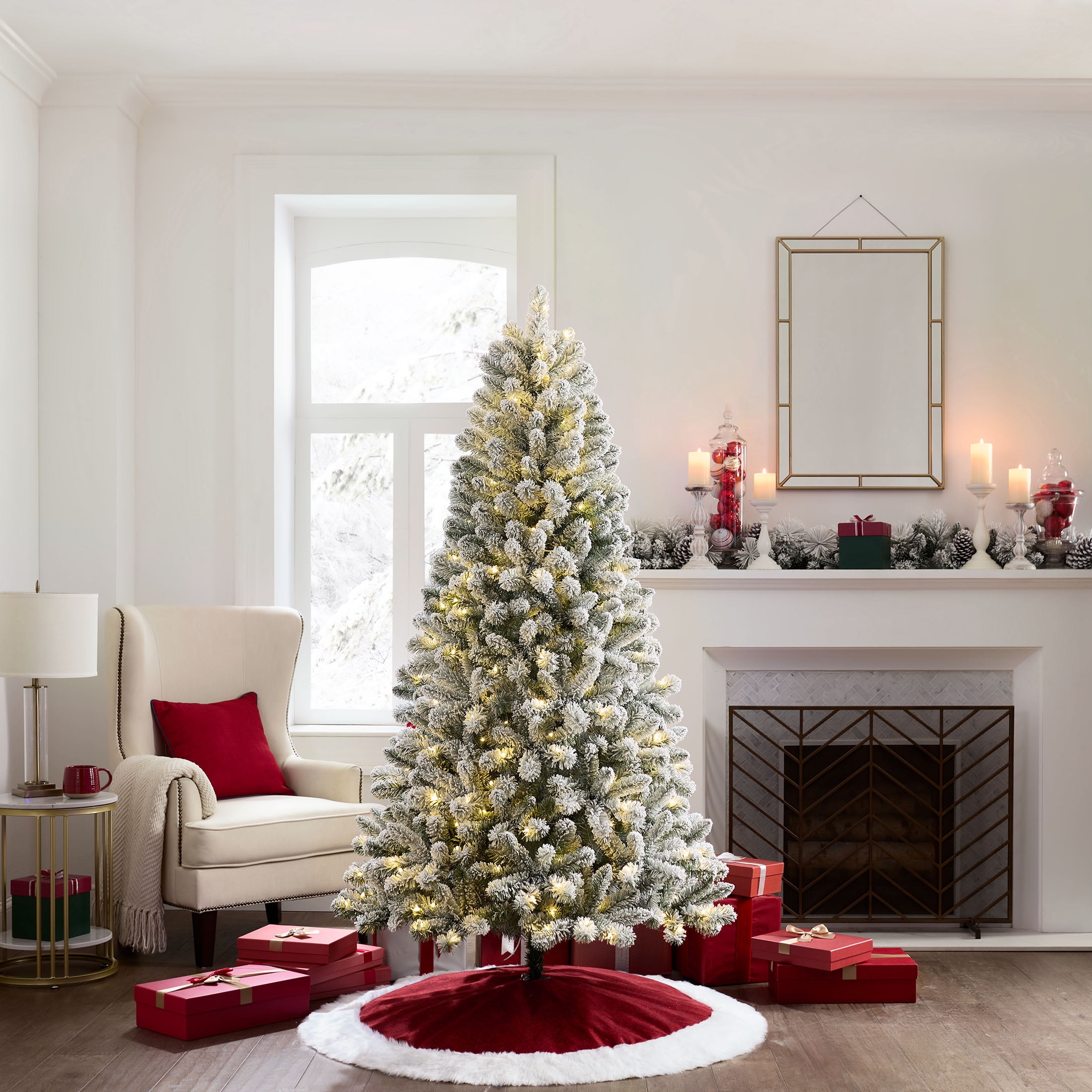 Holiday Time 6.5 ft Pre-Lit Flocked Frisco Pine Christmas Tree, 250 LED Lights, Green/White, with Stand