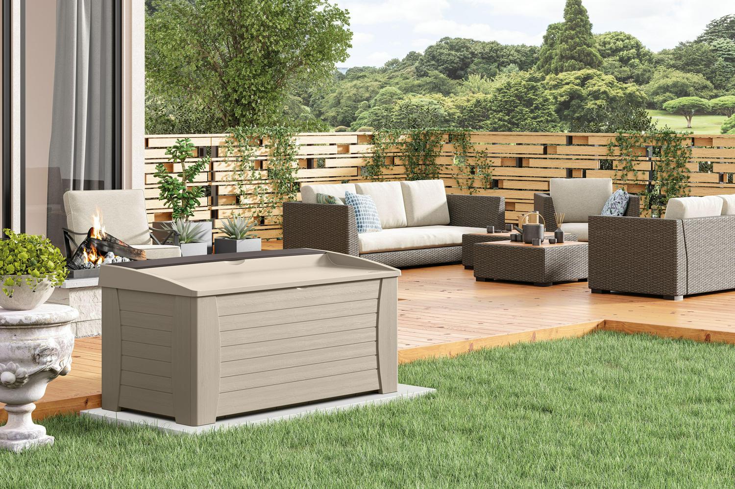 Suncast 127 Gal Resin Patio Storage Deck Box with Seat, Taupe, Weather-Resistant