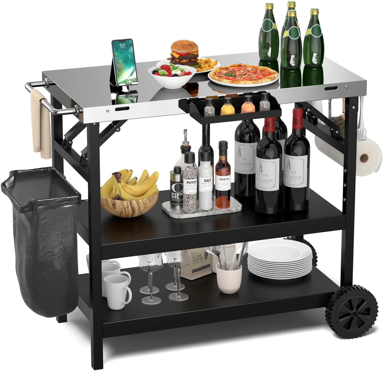 Outdoor Grill Cart Table with Stainless Steel Top, Adjustable Shelves, Spice Rack & Hanging Hooks