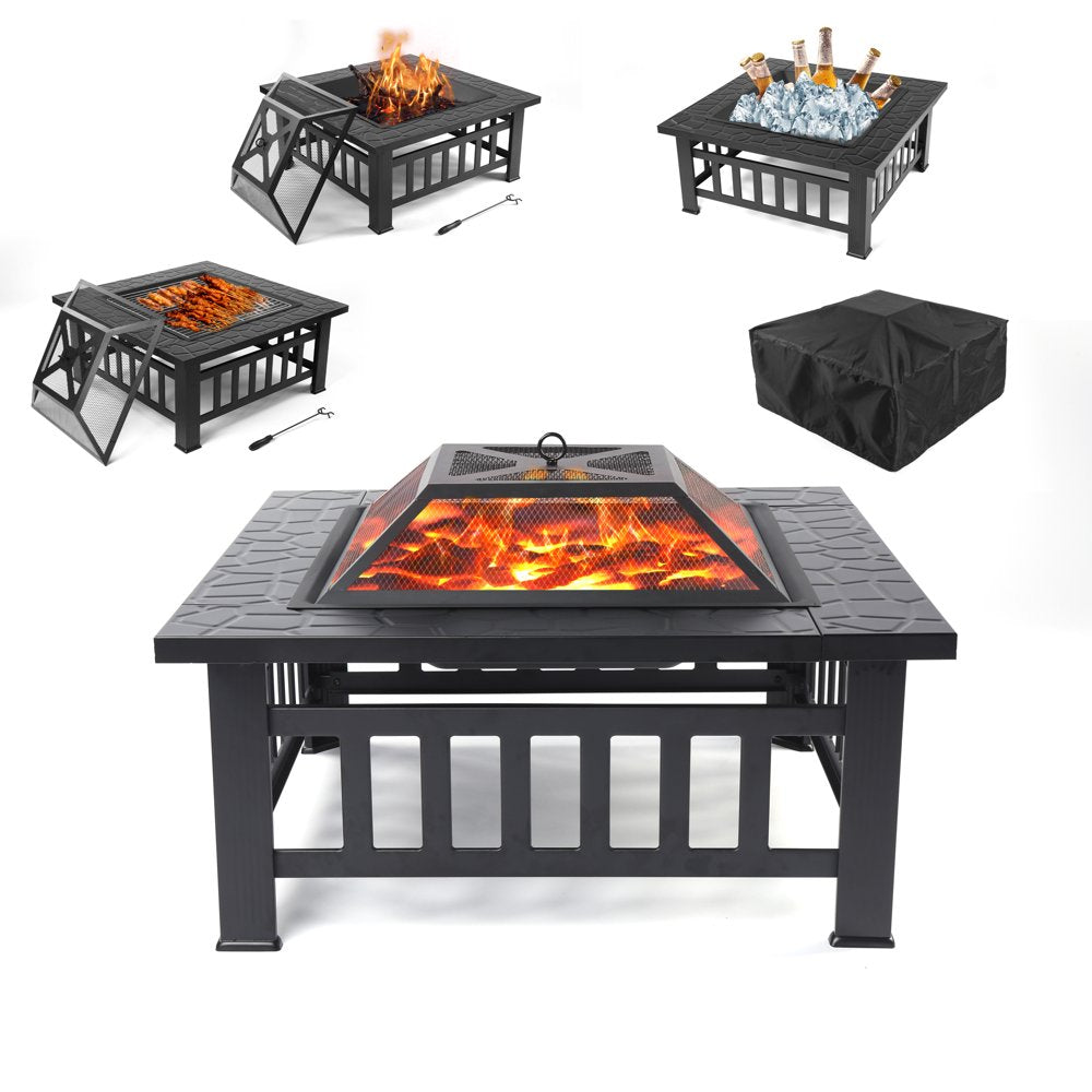 UHOMEPRO 32′′ Outdoor Fire Pit Table, Rust-Resistant Steel, Mesh Lid, BBQ Net, Ice Tray, Cover Included