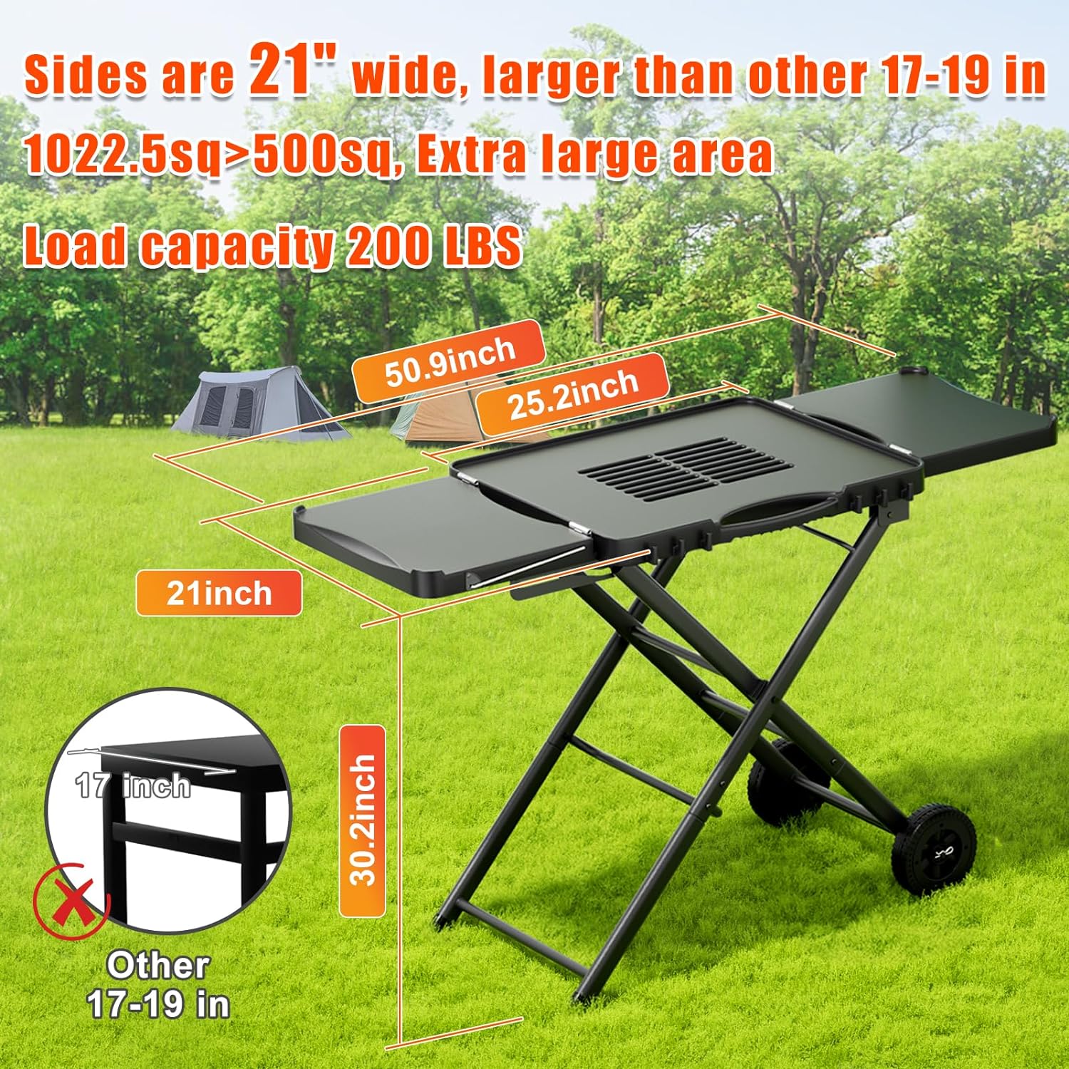Universal Portable Grill Cart with Folding Stand & Side Shelf – Heavy-Duty Metal, 2 Wheels, 51′′x21′′ Tabletop, Outdoor Cooking Companion