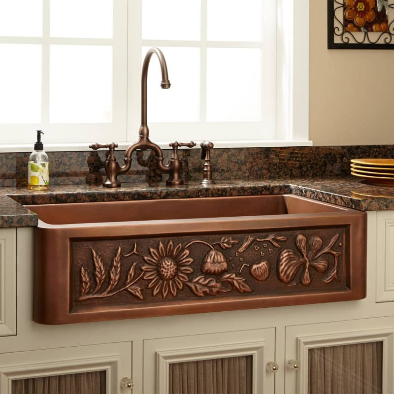 Signature Hardware 33′′ Copper Farmhouse Sink with Floral Design – Single Basin, Rustic Patina Finish