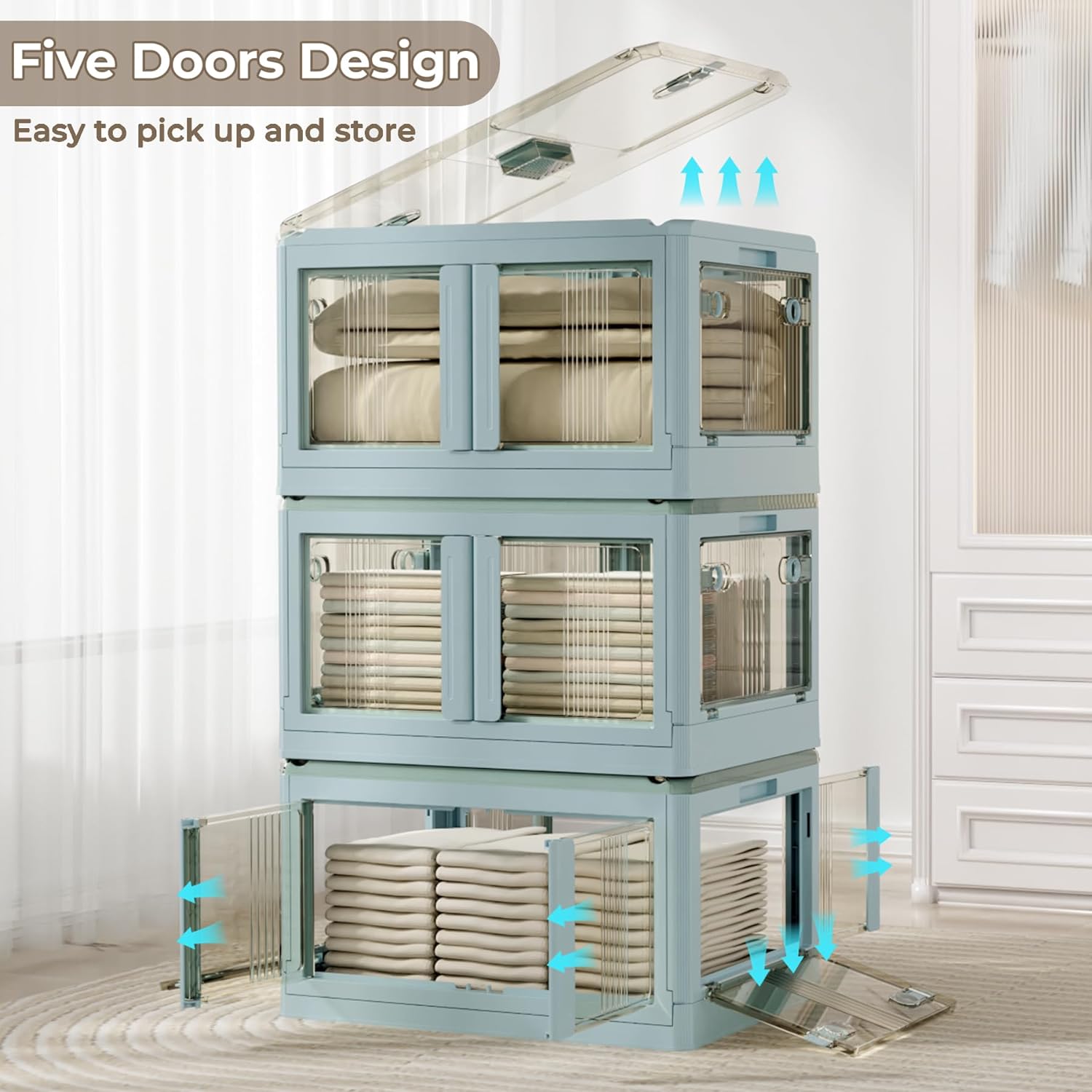 Moorehl 14.5 Gallon Blue Foldable Storage Bins with Lids, Stackable & Collapsible, 6 Pack