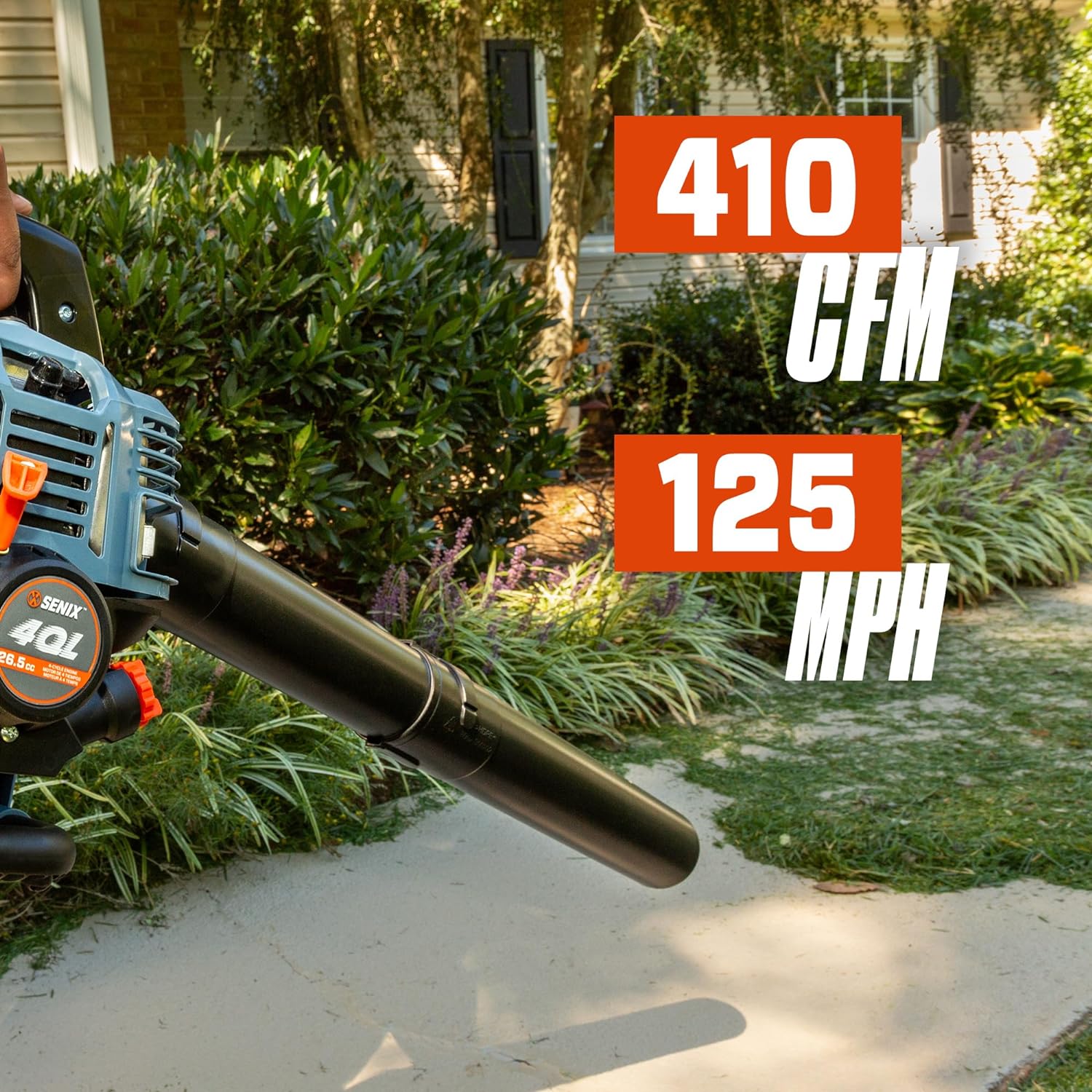 SENIX 4QL 26.5cc 4-Cycle Handheld Gas Leaf Blower, 410 CFM, 125 MPH, Lightweight, Dual Grip Handle, Blue