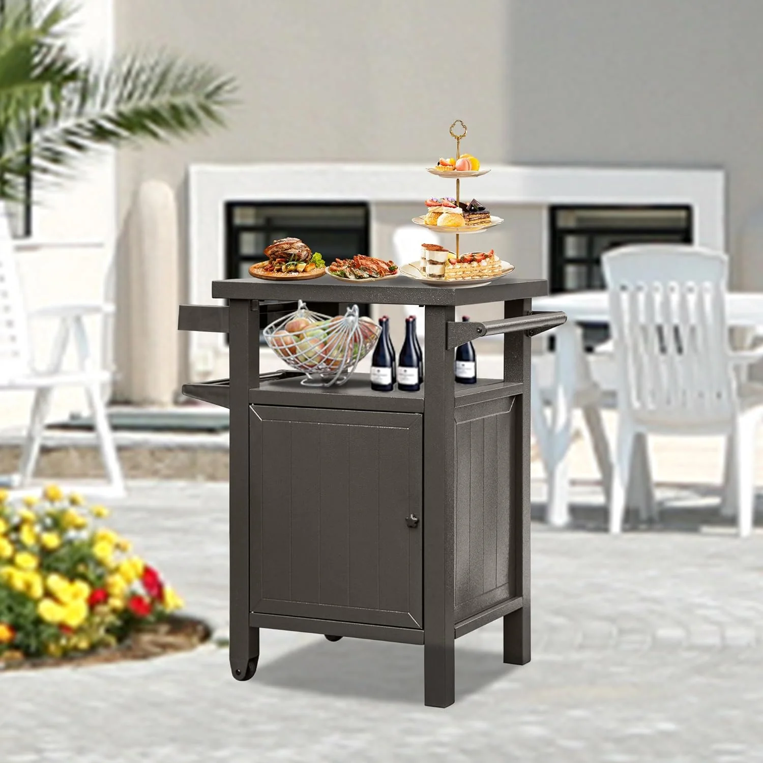 Heavy Duty Galvanized Steel Outdoor Storage Cabinet with Wheels – XL BBQ Grill Table, 57 Gallon Capacity, Brown & Grey