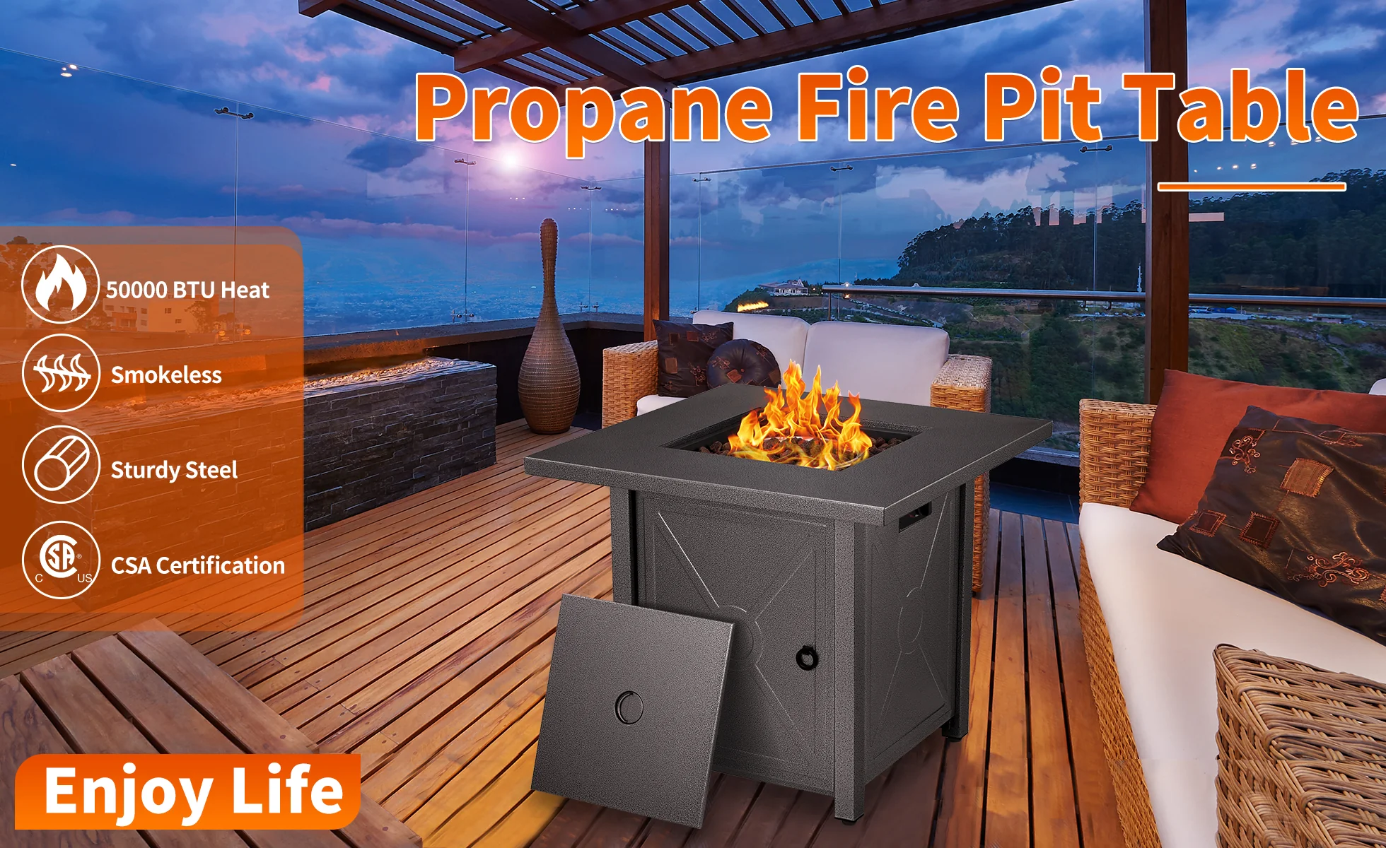 R.W.FLAME 28′′ Propane Fire Pit Table, 40,000 BTU, Multi-Function with Glass Cover, ETL & CSA Certified