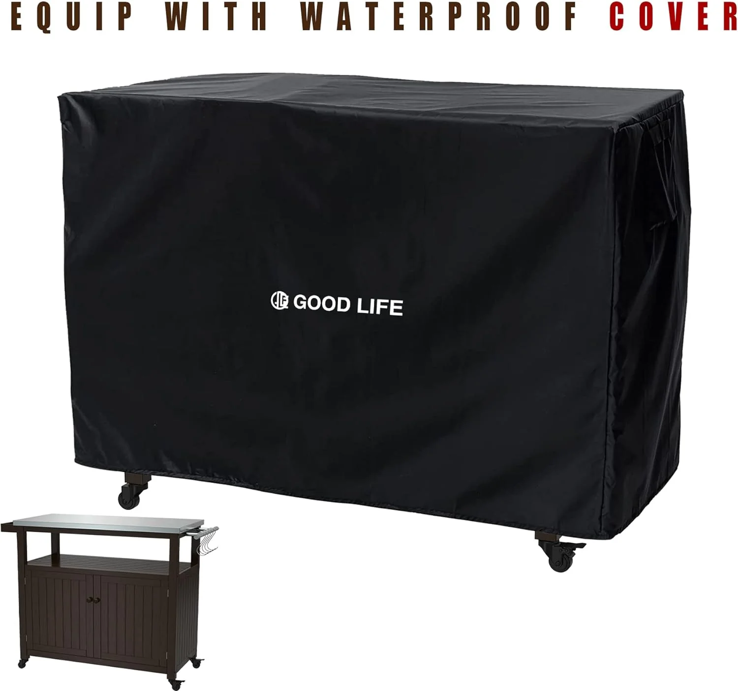 Premium Outdoor Storage Cabinet & Grill Table – Solid Wood, Stainless Steel Top, Dark Brown, Mobile with Wheels