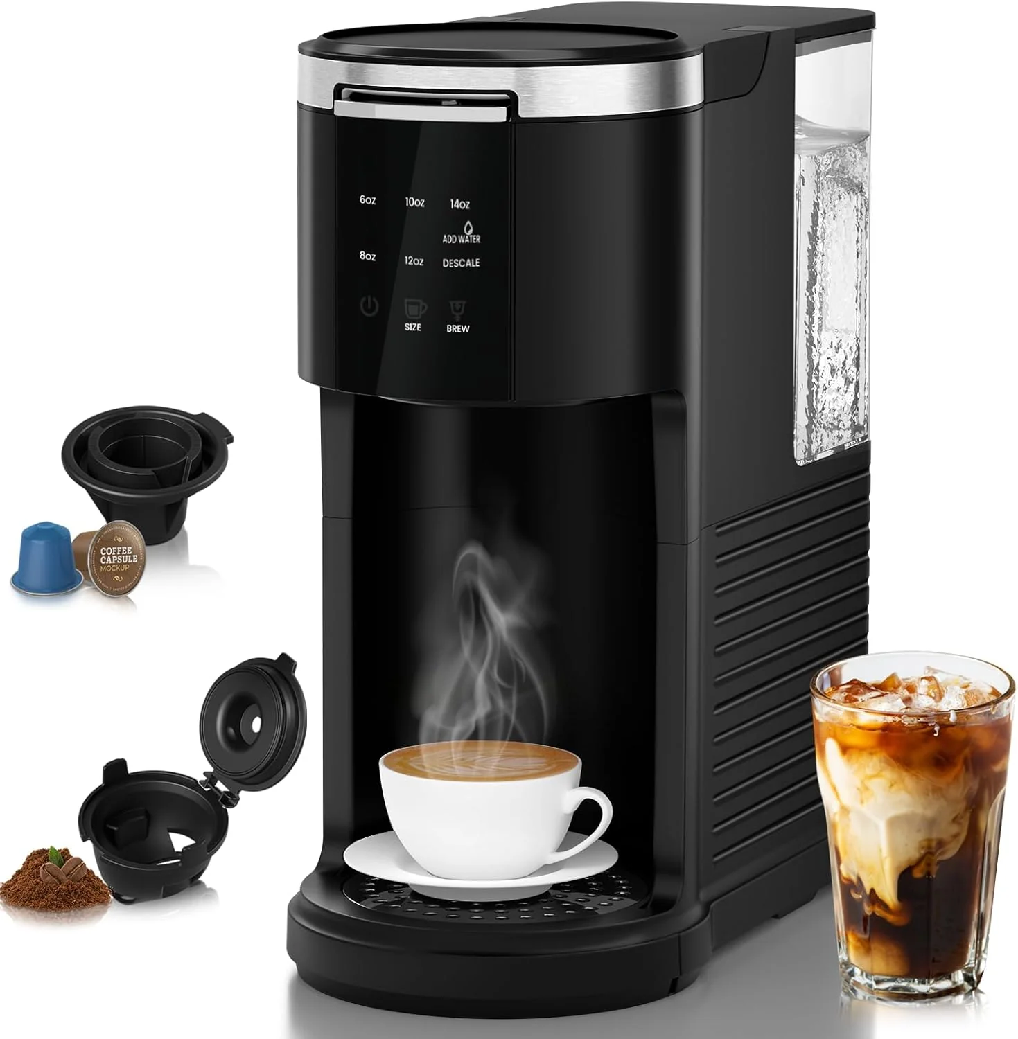 Antarctic Star Coffee Machine, K-Cup & Ground Compatible, 5 Brew Sizes, 40 oz Tank, Self-Cleaning, Black