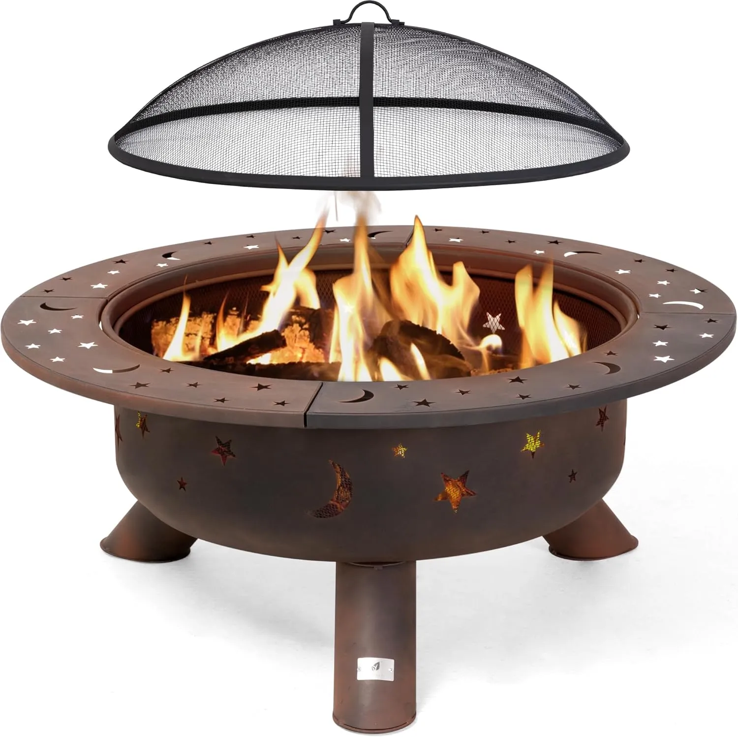 SUNCREAT 42′′ Alloy Steel Outdoor Fire Pit, Wood Burning with Spark Screen & Poker, Black, Round Garden Fireplace