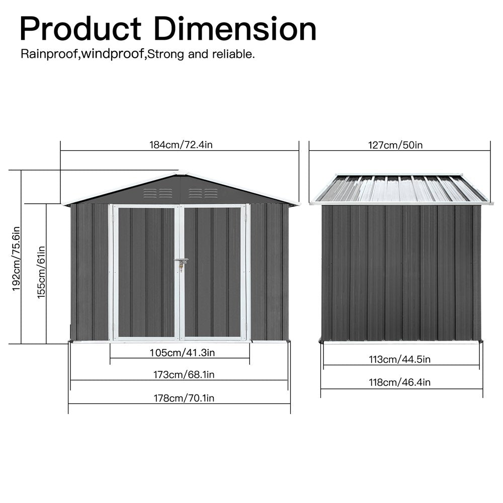Seizeen 6′ x 4′ Outdoor Metal Storage Shed, Galvanized Steel, Lockable Door, Dark Gray